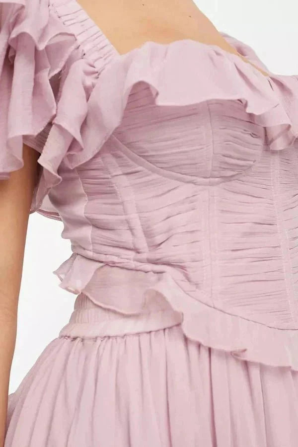 Eva | Flowy Tiered Maxi Corset Dress with Ruffle Sleeves