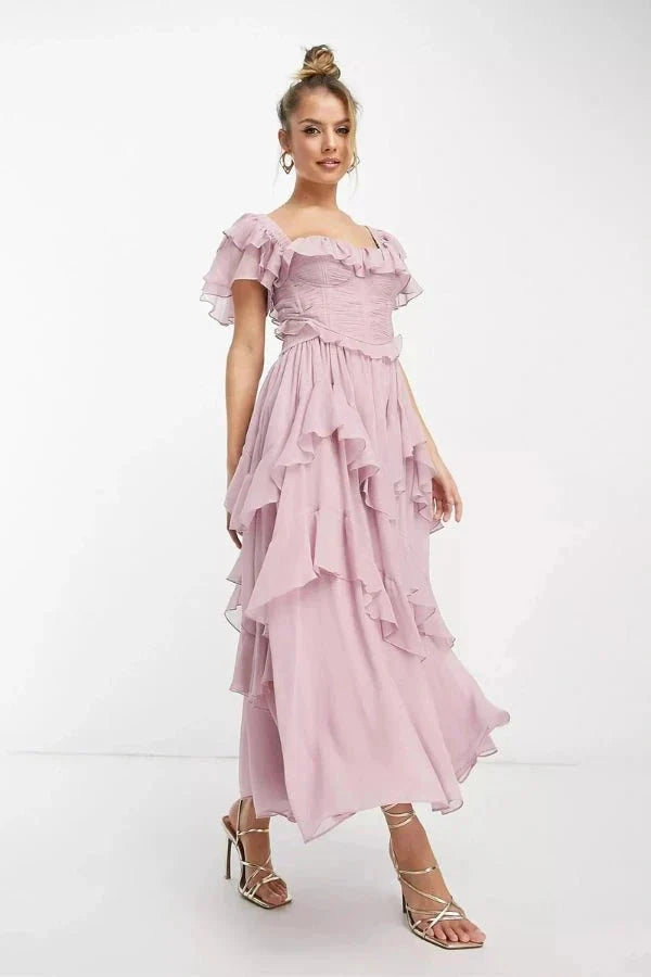Eva | Flowy Tiered Maxi Corset Dress with Ruffle Sleeves