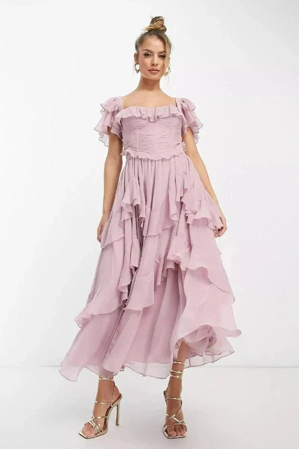 Eva | Flowy Tiered Maxi Corset Dress with Ruffle Sleeves