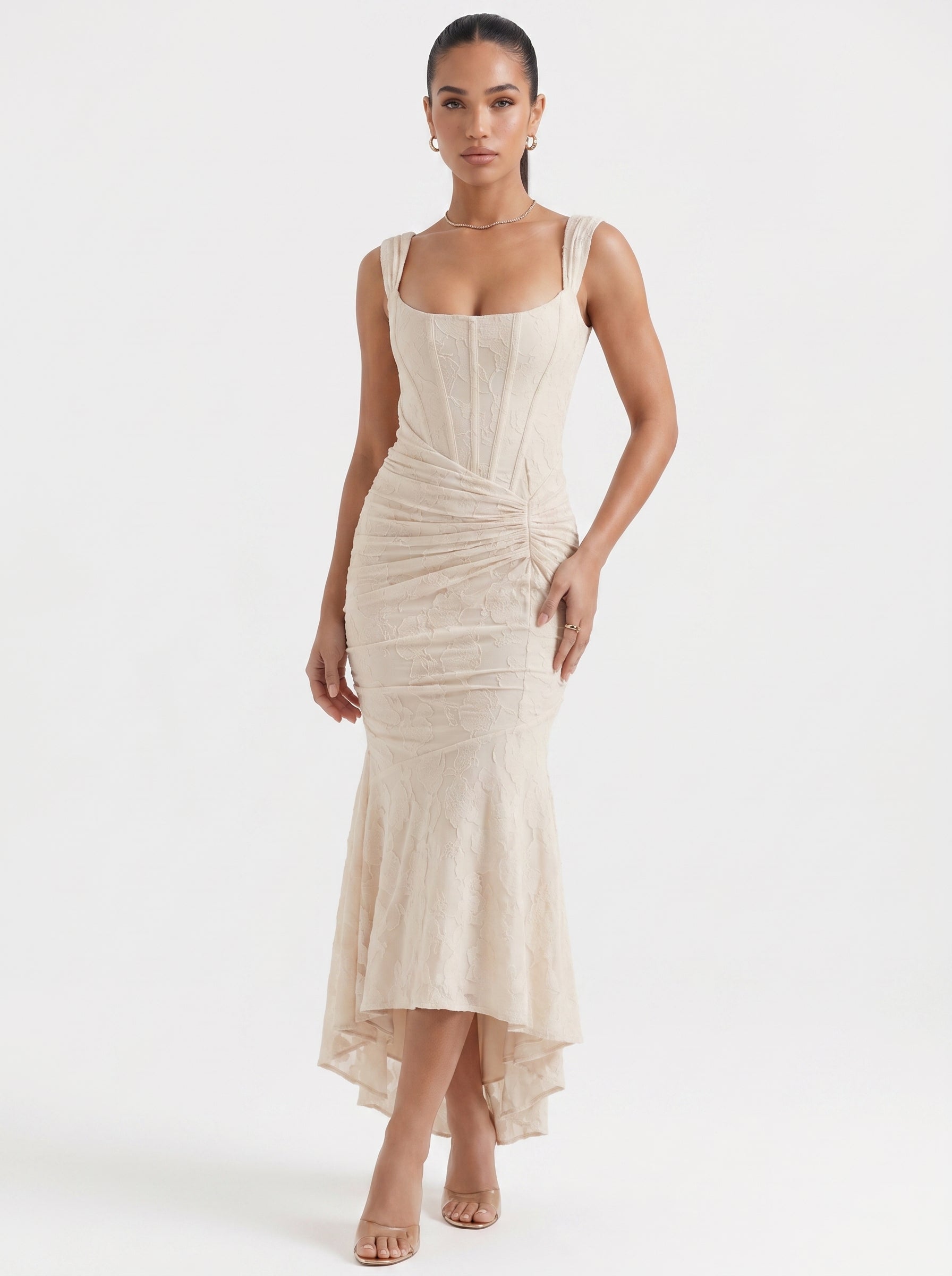 Ana | Elegant Lace Corset Midi Dress with Asymmetric Hem — Beige_front