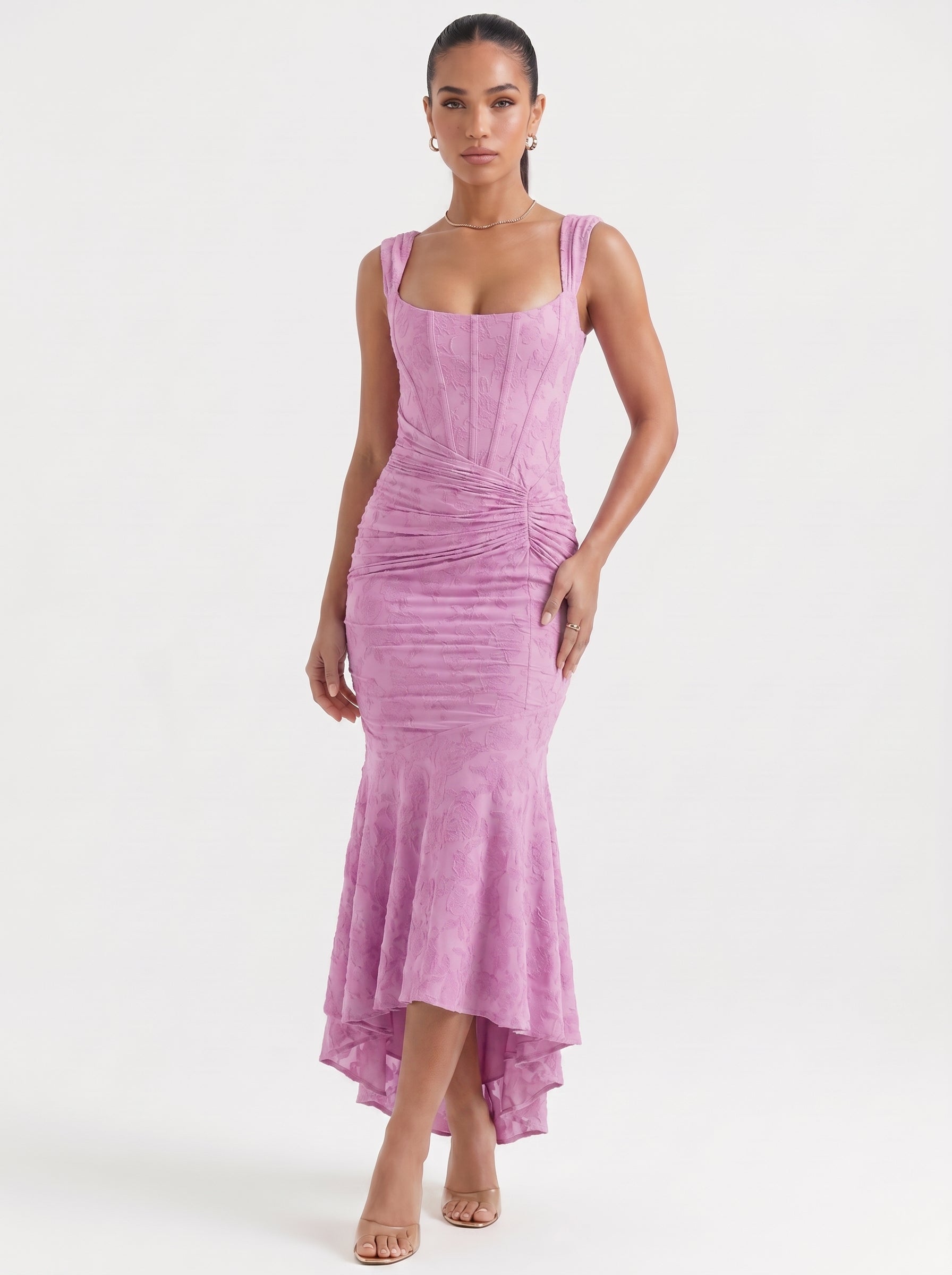 Ana | Elegant Lace Corset Midi Dress with Asymmetric Hem — Lila_front