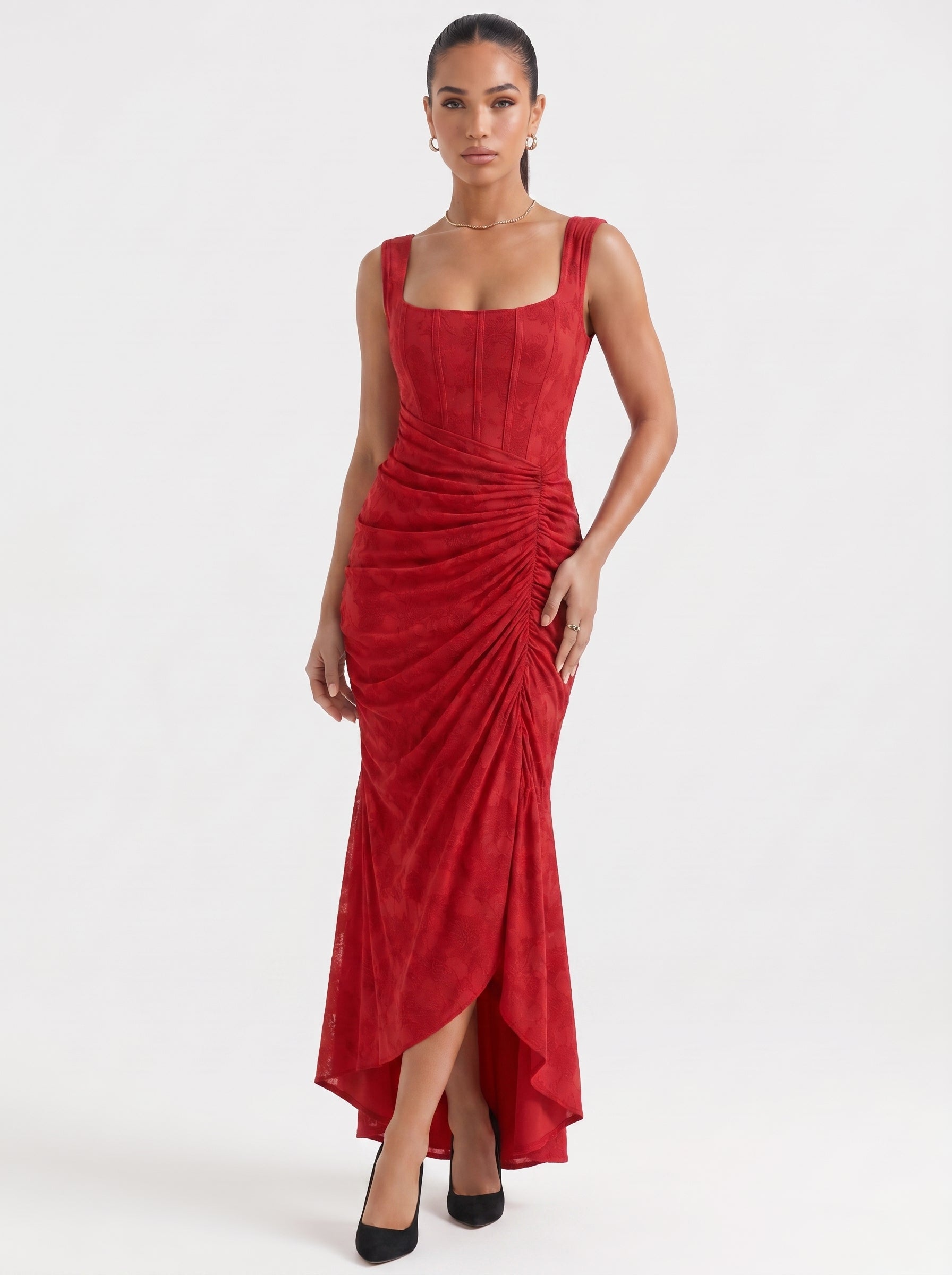 Ana | Elegant Lace Corset Midi Dress with Asymmetric Hem — Red_front