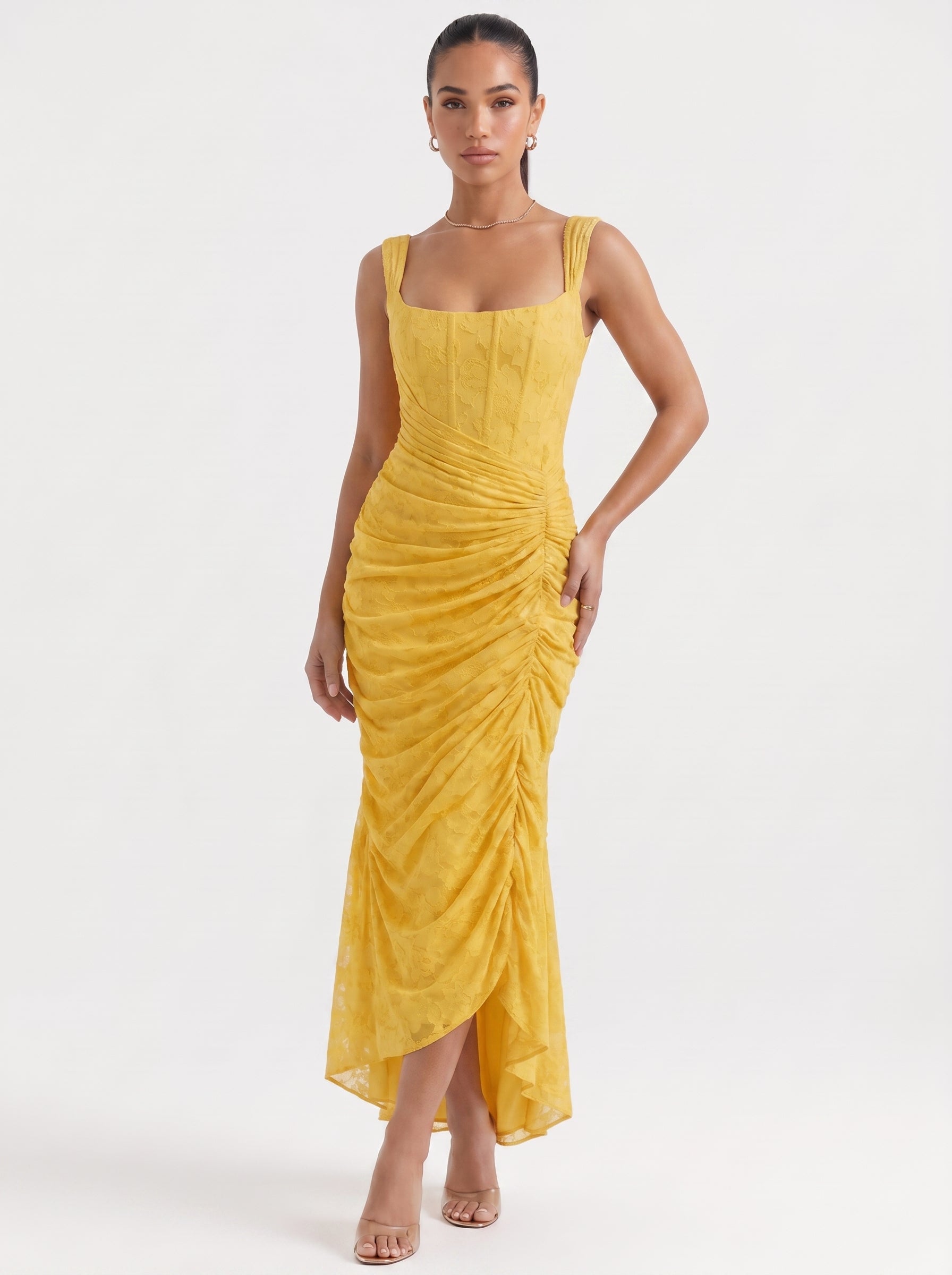 Ana | Elegant Lace Corset Midi Dress with Asymmetric Hem — Yellow_front