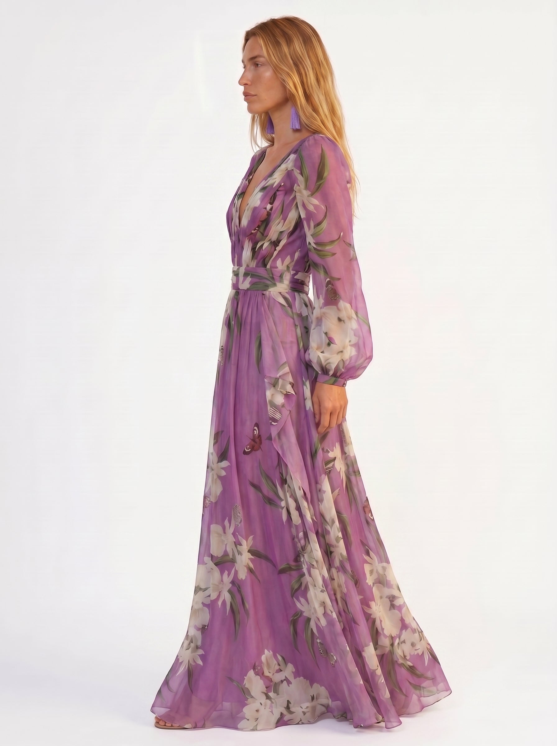 Camille | Elegant Flowy Floral Maxi Dress with Long Sleeves — side