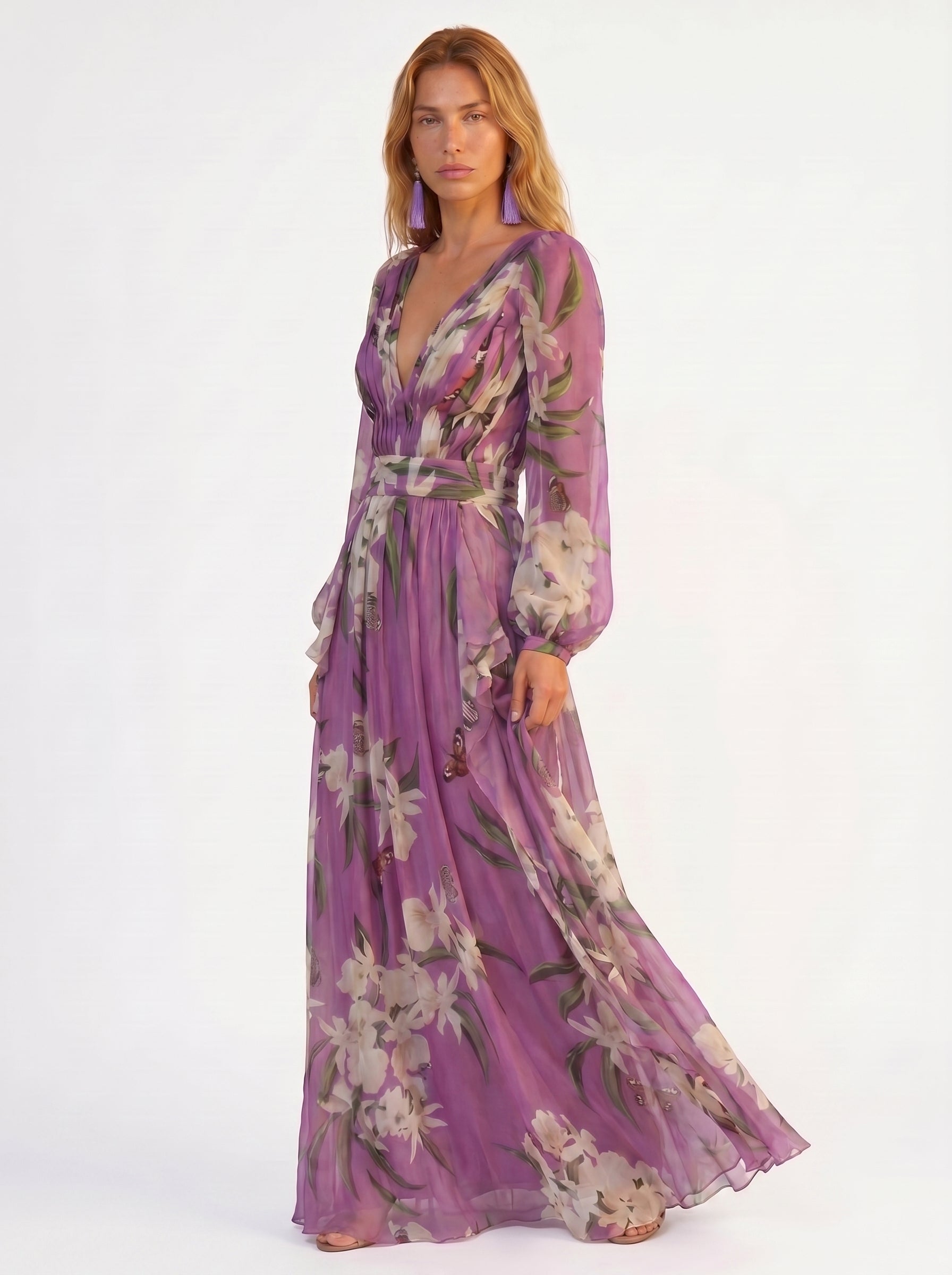 Camille | Elegant Flowy Floral Maxi Dress with Long Sleeves — three-quarter