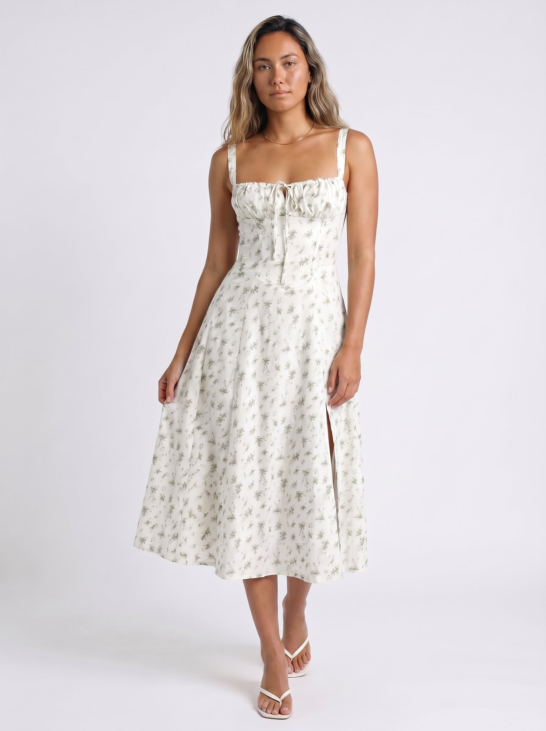 Celeste | Charming Floral Corset Midi Dress with A Line Skirt — Black_front