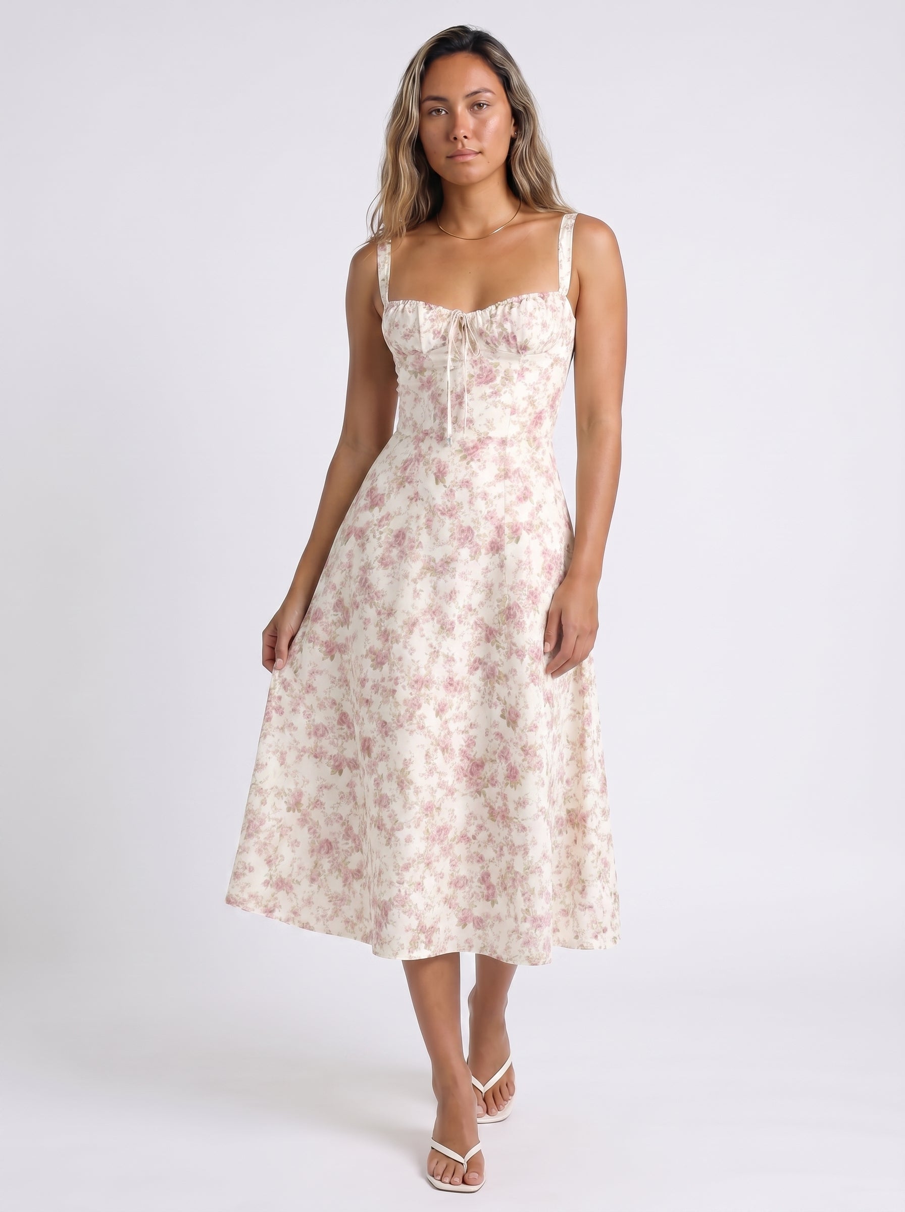 Celeste | Charming Floral Corset Midi Dress with A Line Skirt — Pink Print_front