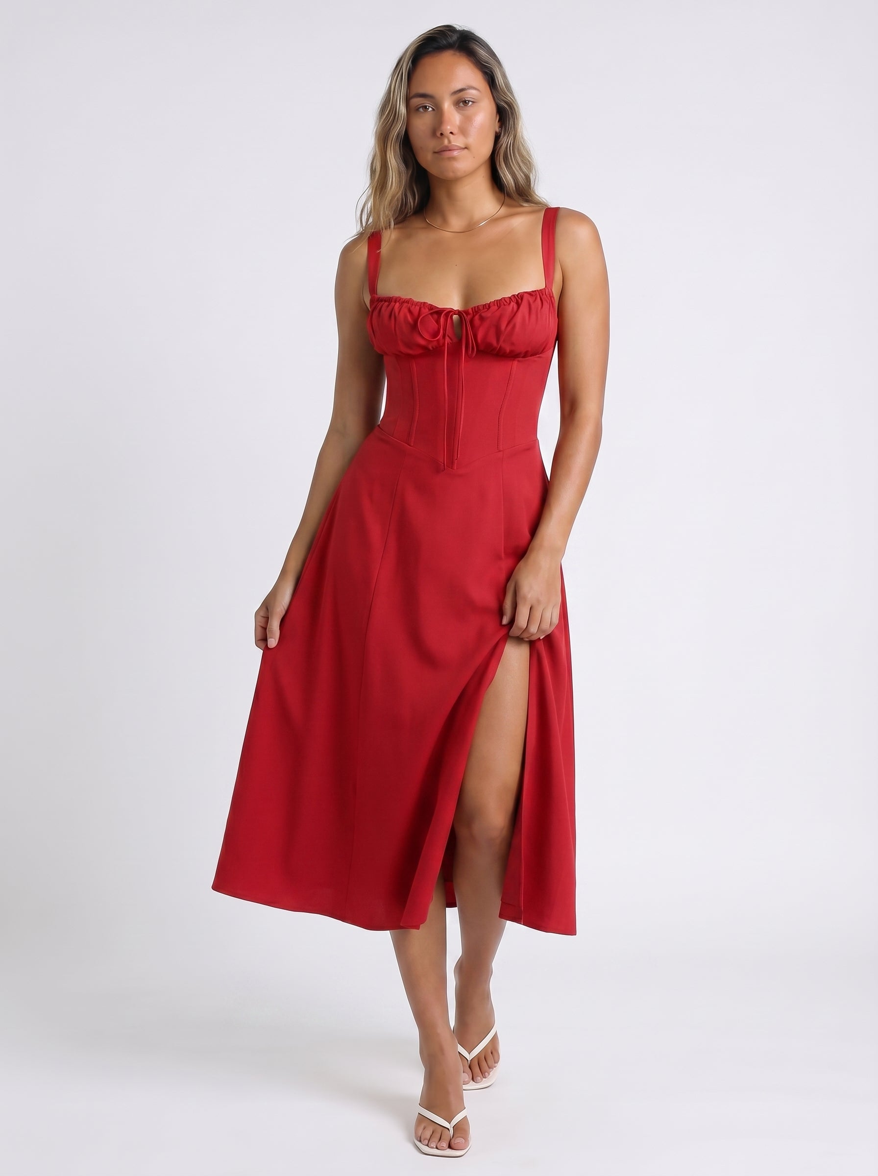 Celeste | Charming Floral Corset Midi Dress with A Line Skirt — Red_front