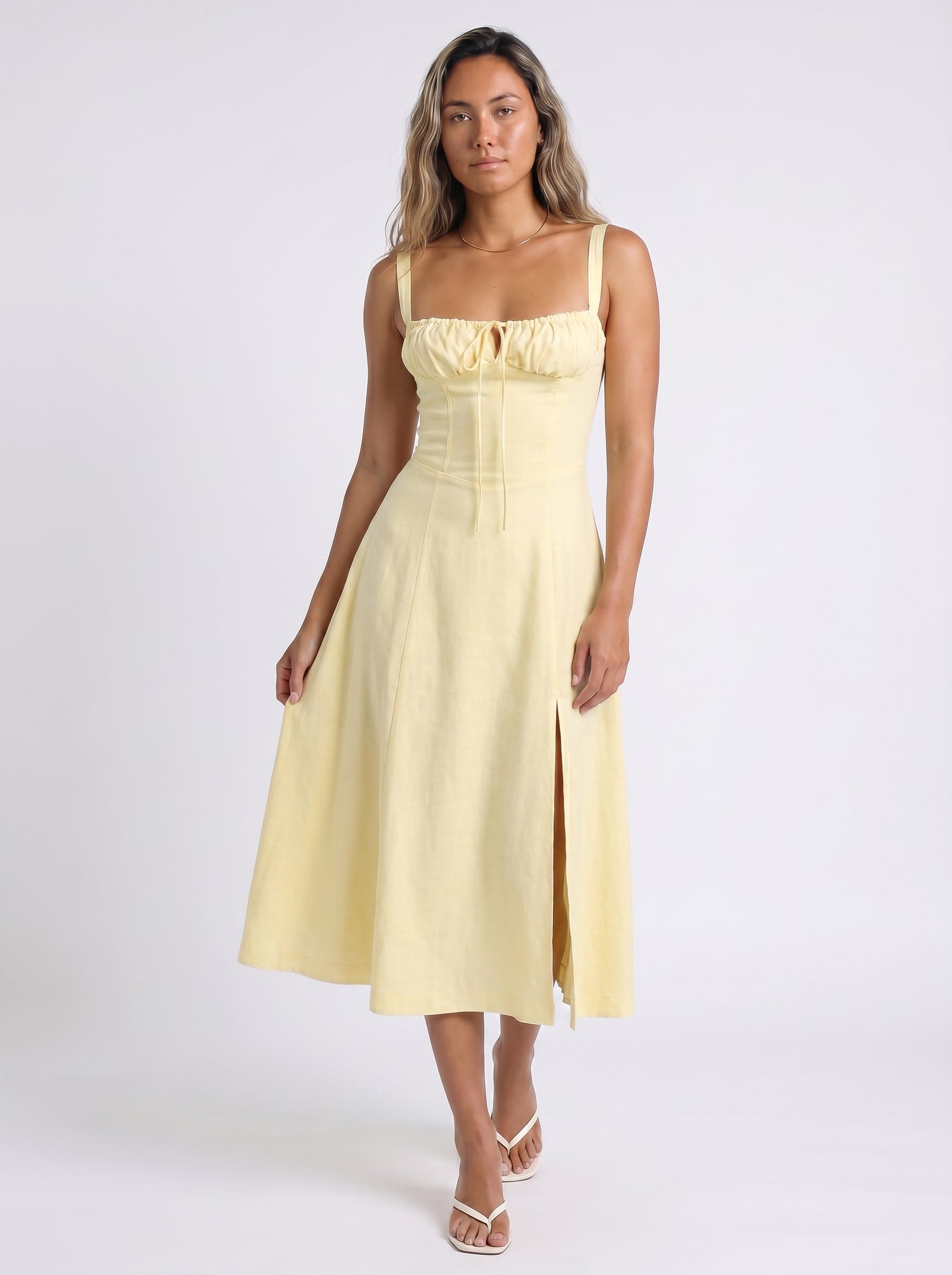 Celeste | Charming Floral Corset Midi Dress with A Line Skirt — Yellow_front