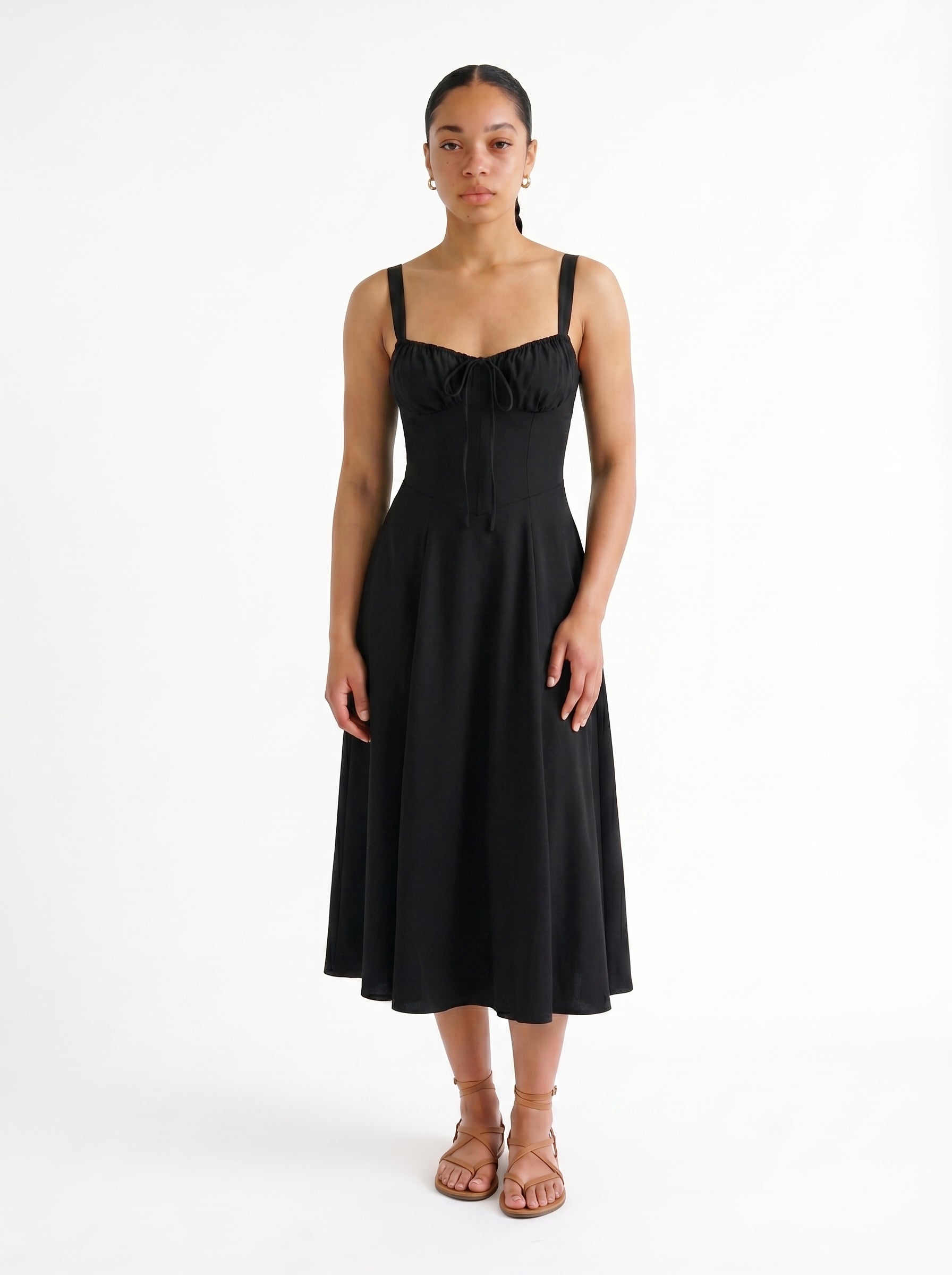 Clara | Classic Corset A Line Midi Dress with Gathered Bust Detail — Black_front