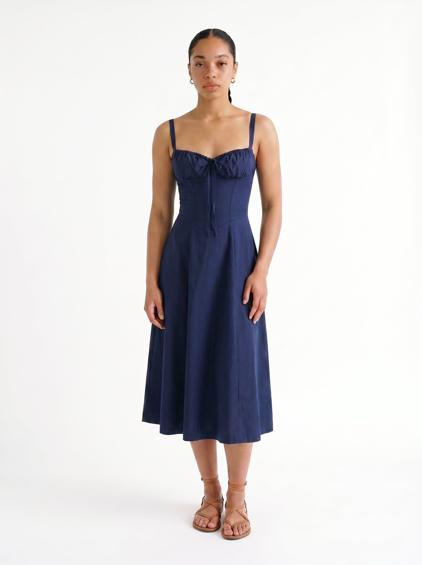 Clara | Classic Corset A Line Midi Dress with Gathered Bust Detail — Dark Blue_front