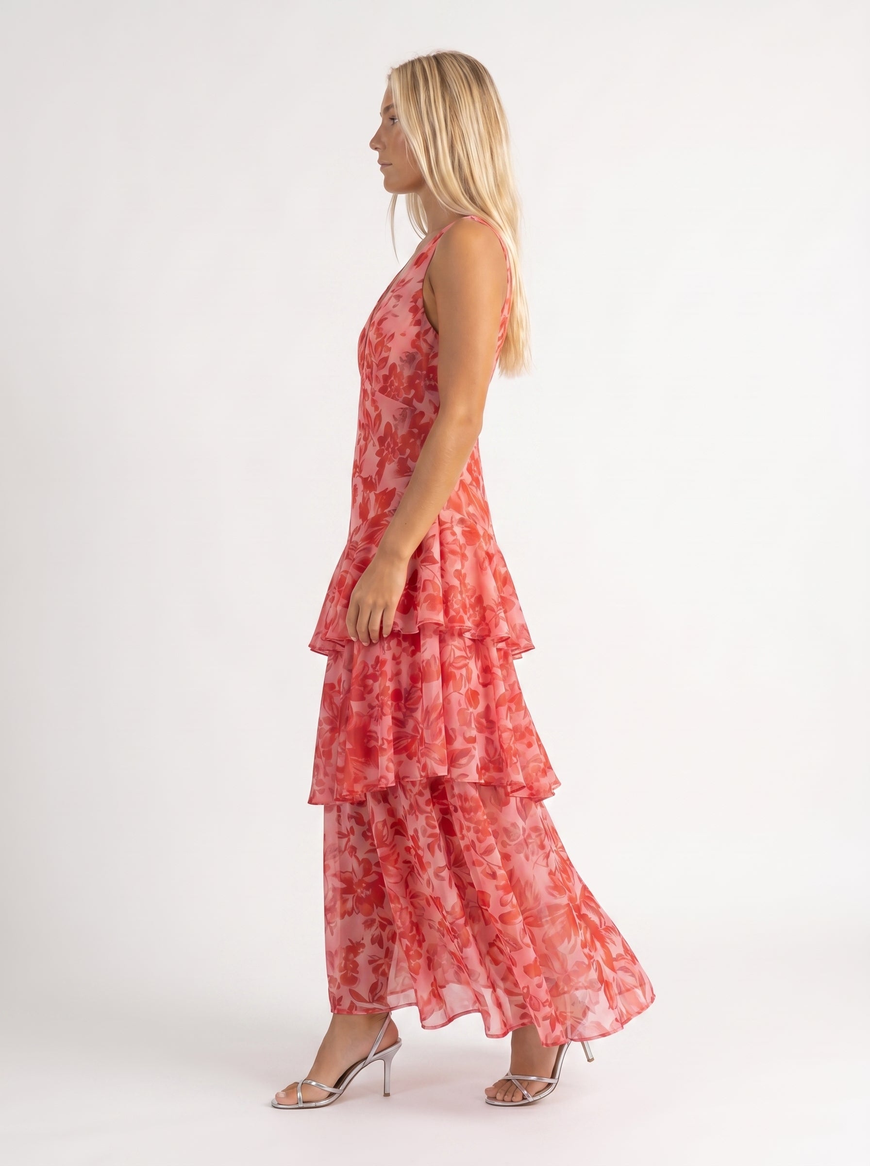 Clara | Elegant Flowy Tiered Maxi Dress with V Neckline — side