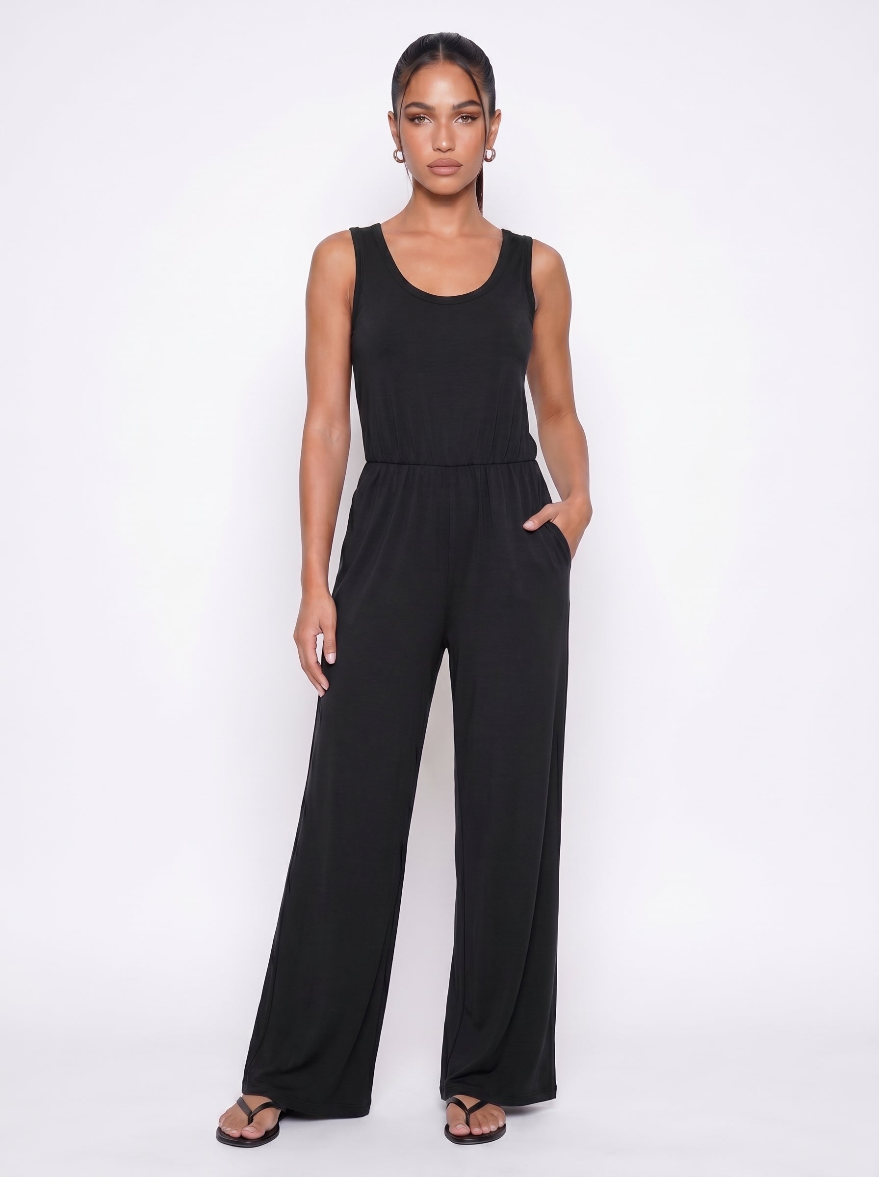 Delphine | Effortless Wide Leg Jumpsuit with Side Pockets — Black_front