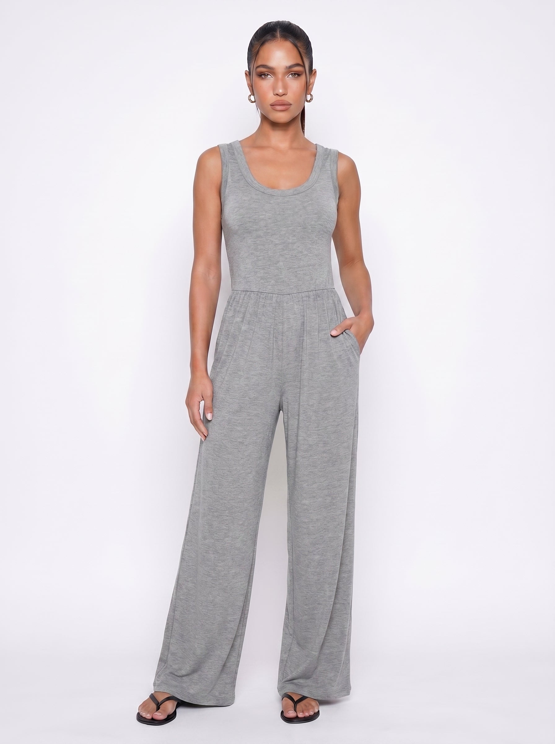 Delphine | Effortless Wide Leg Jumpsuit with Side Pockets — Grey_front
