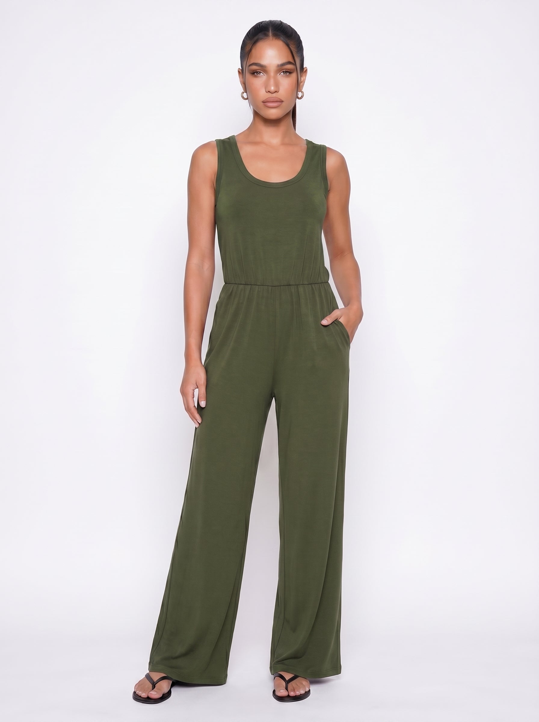 Delphine | Effortless Wide Leg Jumpsuit with Side Pockets — Olive Green_front