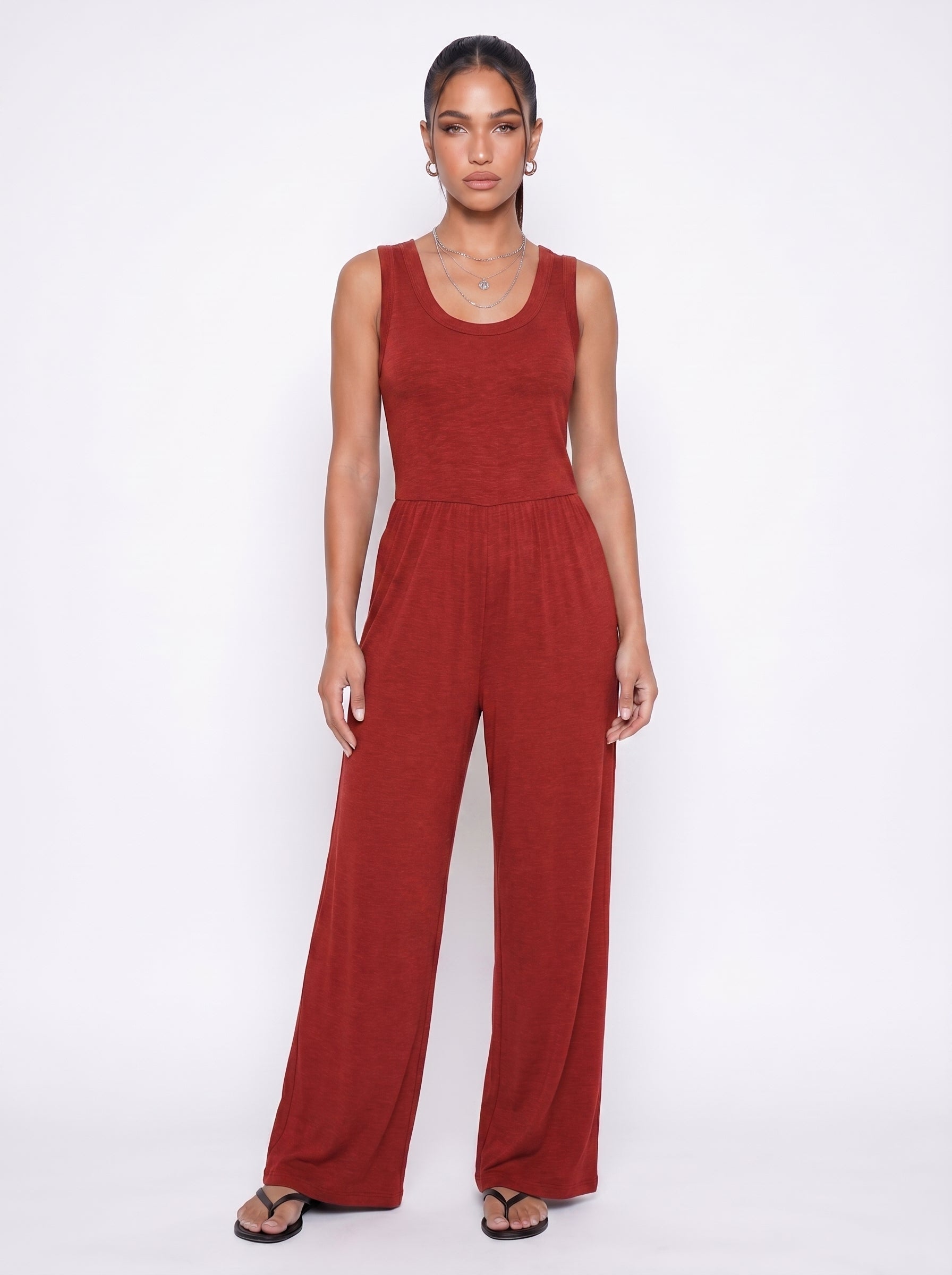 Delphine | Effortless Wide Leg Jumpsuit with Side Pockets — Red_front