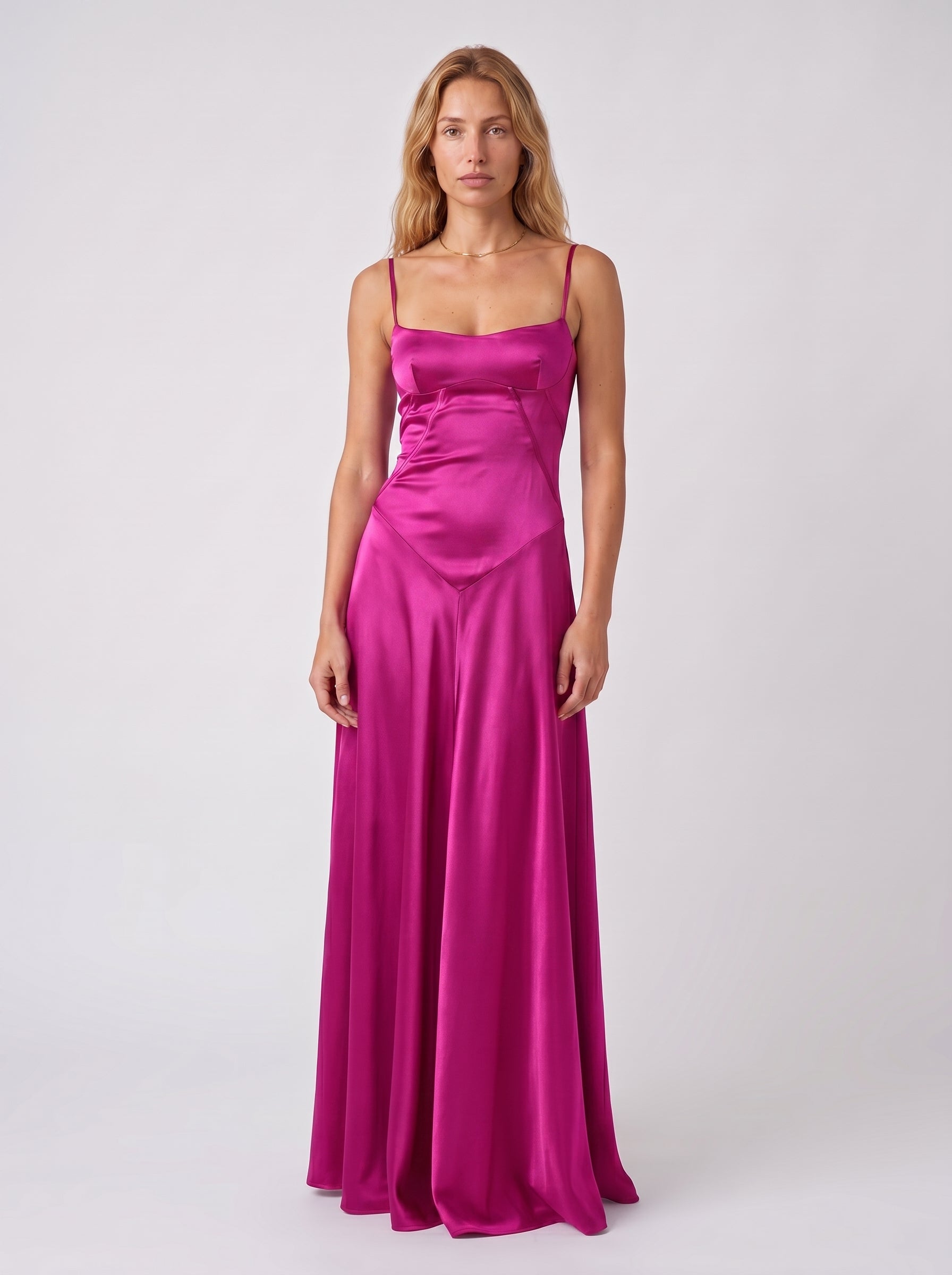 Elena | Elegant Flowy Corset Maxi Dress with A Line Silhouette — Pink_front