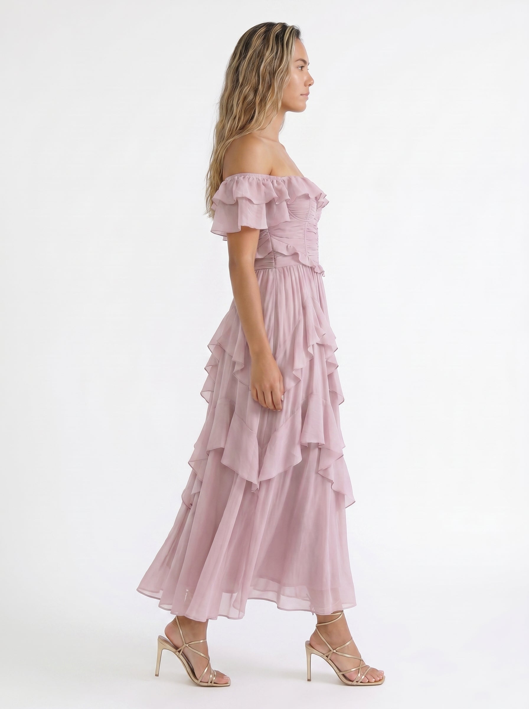 Eva | Flowy Tiered Maxi Corset Dress with Ruffle Sleeves — side