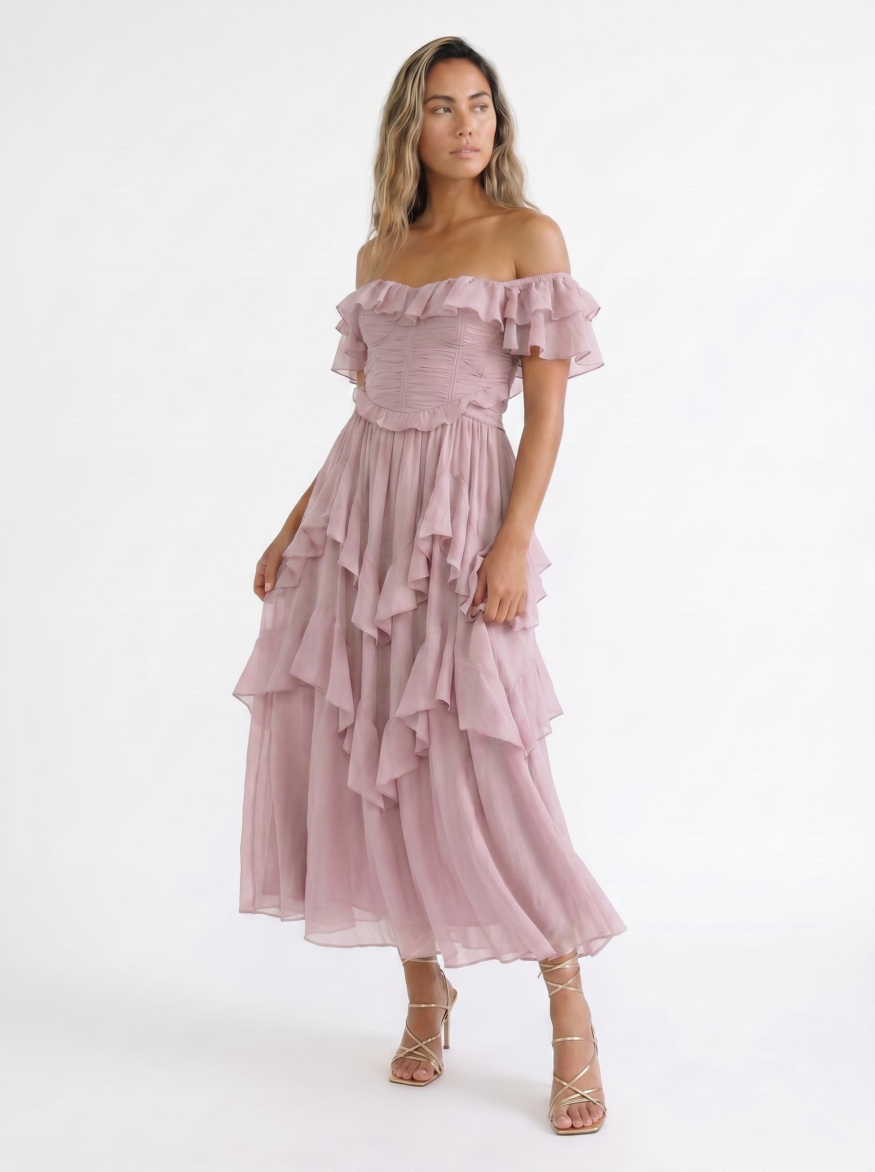 Eva | Flowy Tiered Maxi Corset Dress with Ruffle Sleeves — three-quarter