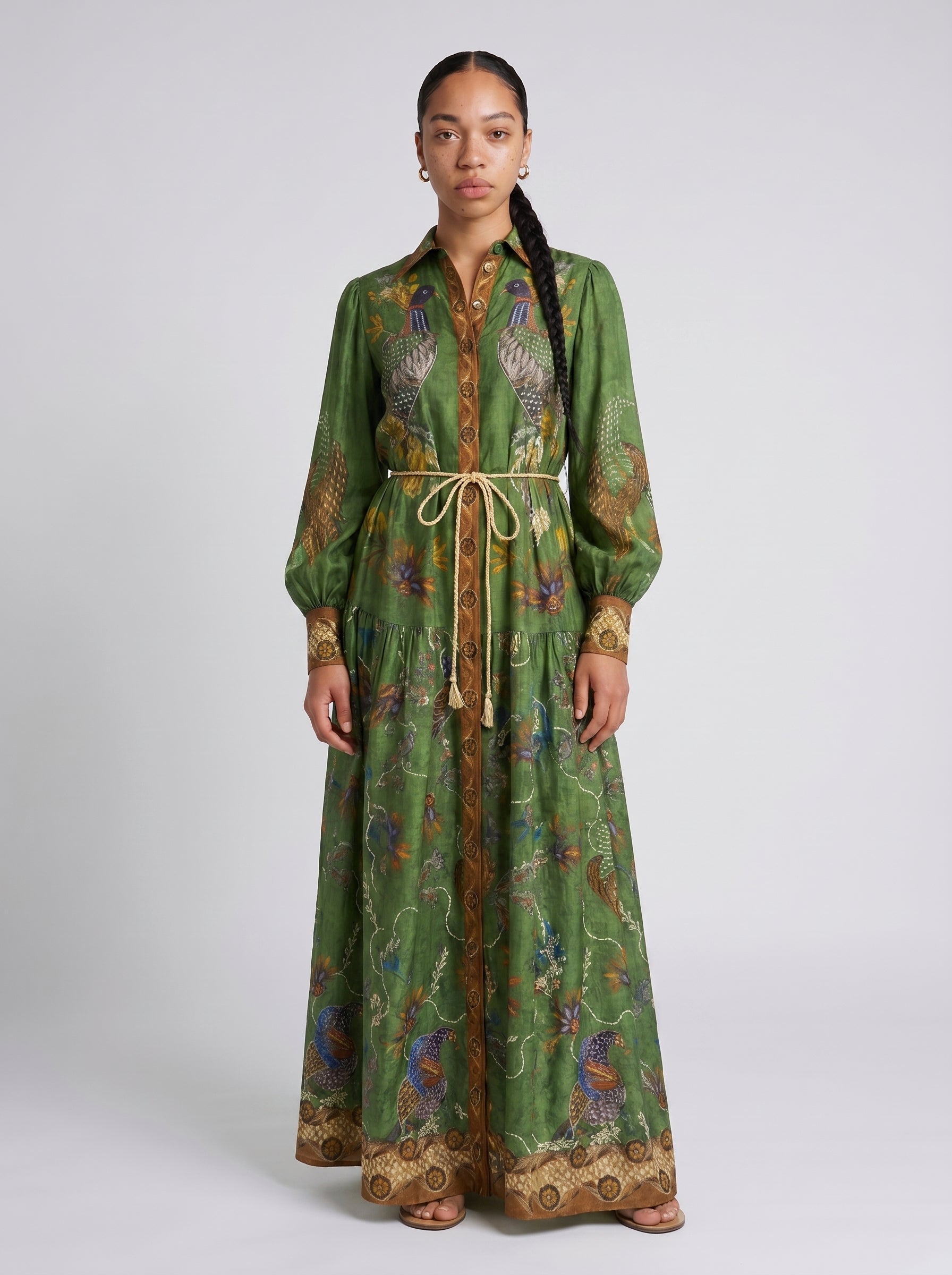 Francesca | Elegant Tiered Shirt Maxi Dress with Long Sleeves — Green Printed_front