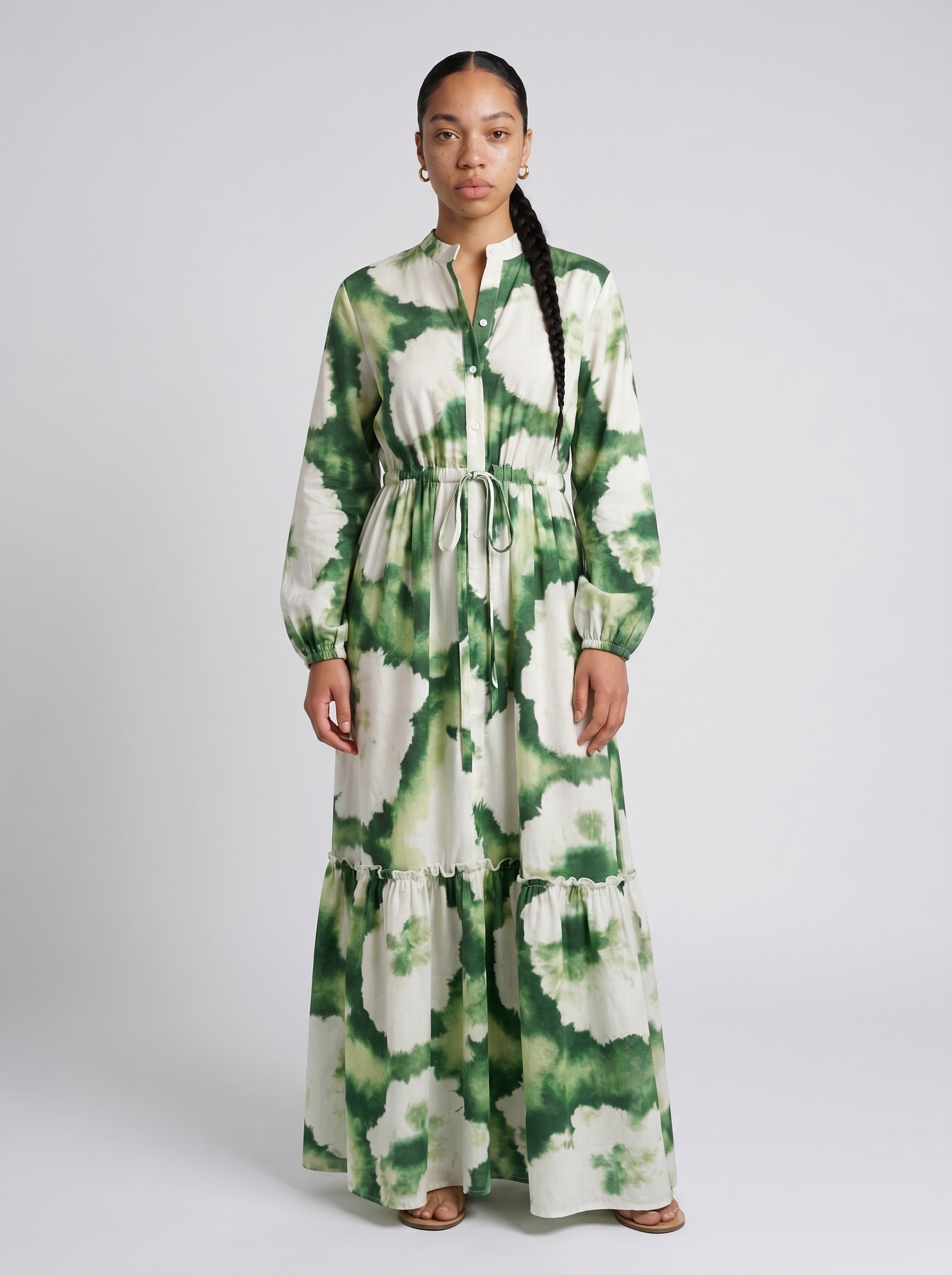 Francesca | Elegant Tiered Shirt Maxi Dress with Long Sleeves — Green_front