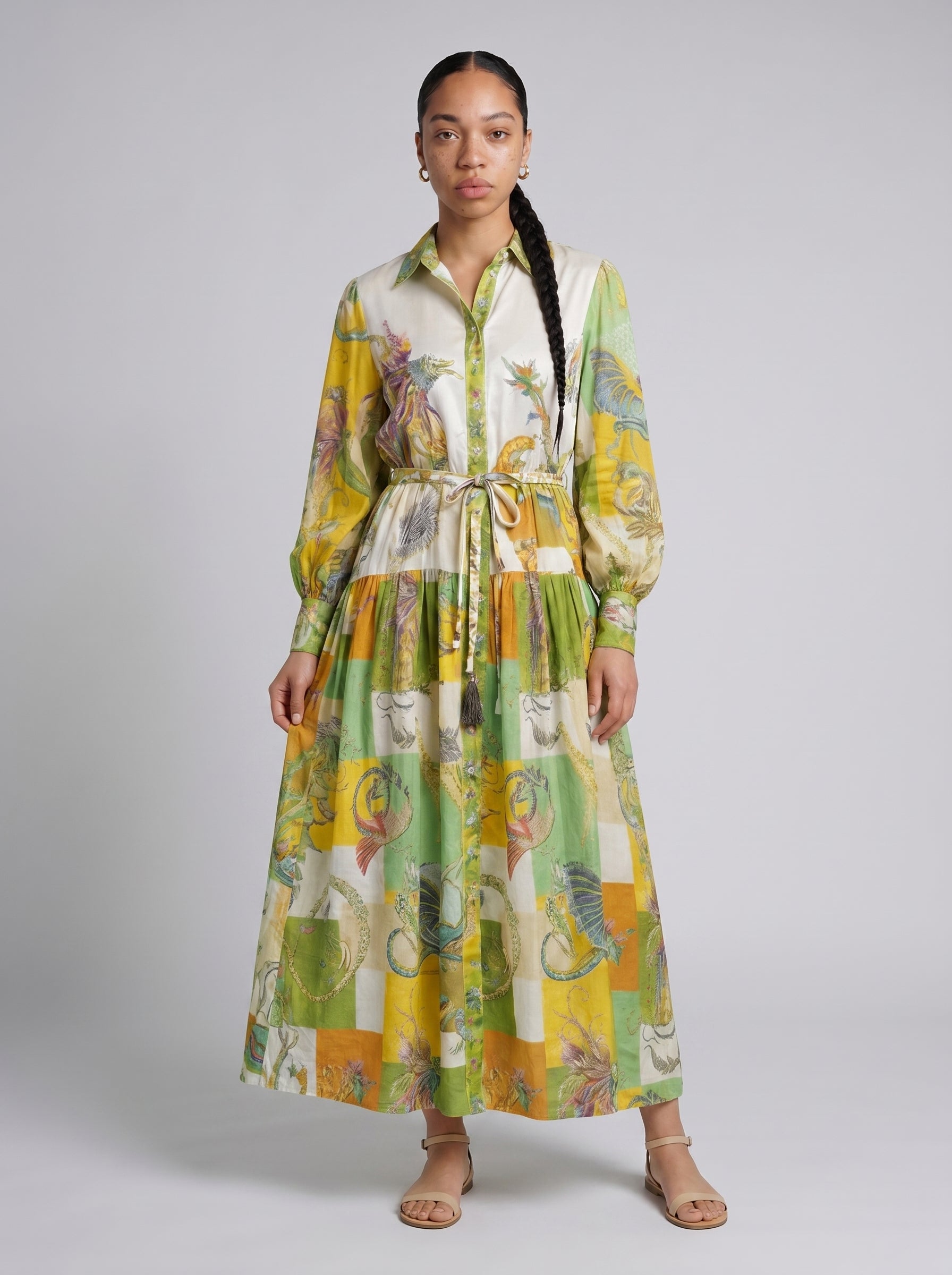 Francesca | Elegant Tiered Shirt Maxi Dress with Long Sleeves — Light Green_front