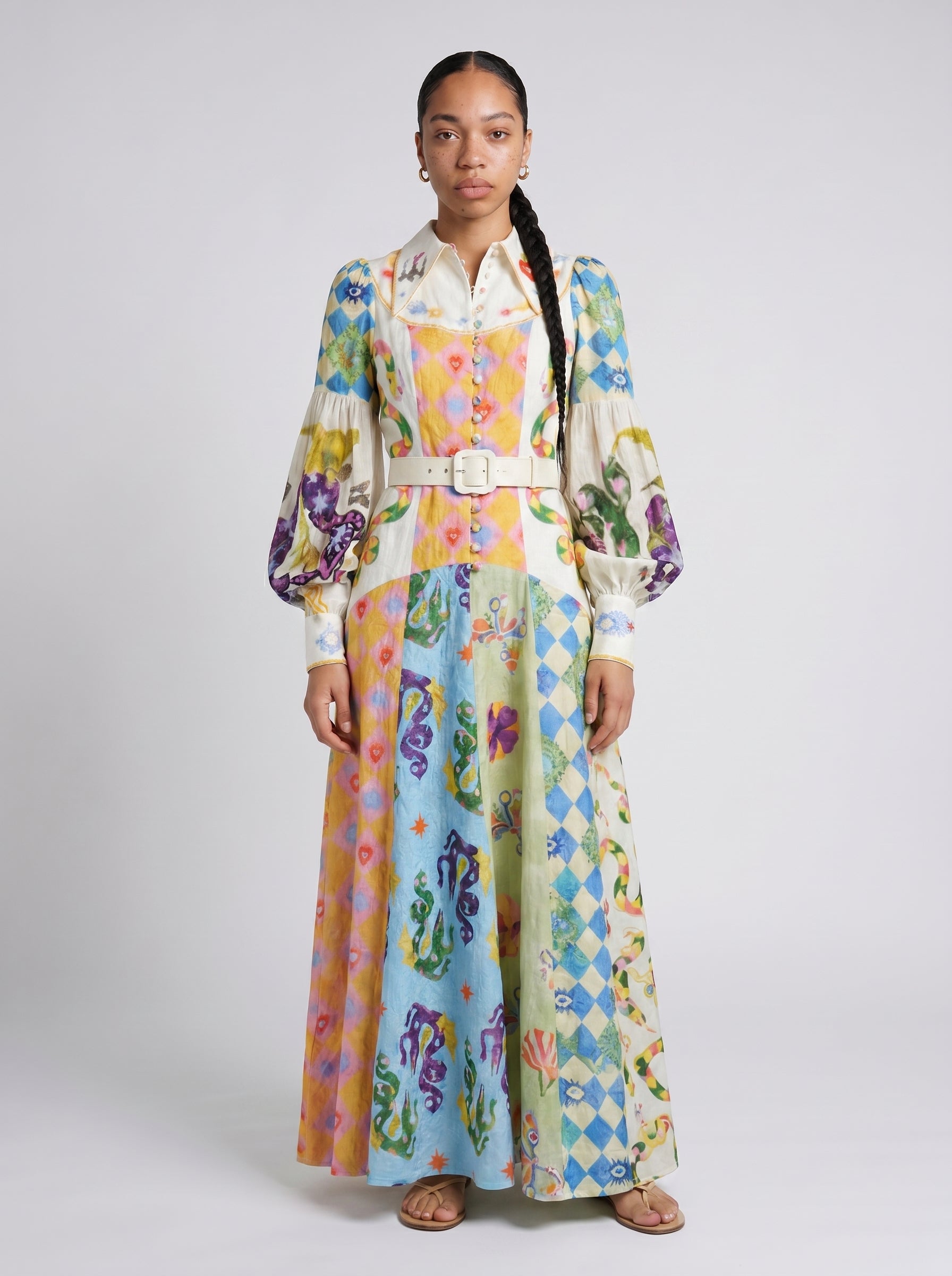 Francesca | Elegant Tiered Shirt Maxi Dress with Long Sleeves — MultiColoured_front