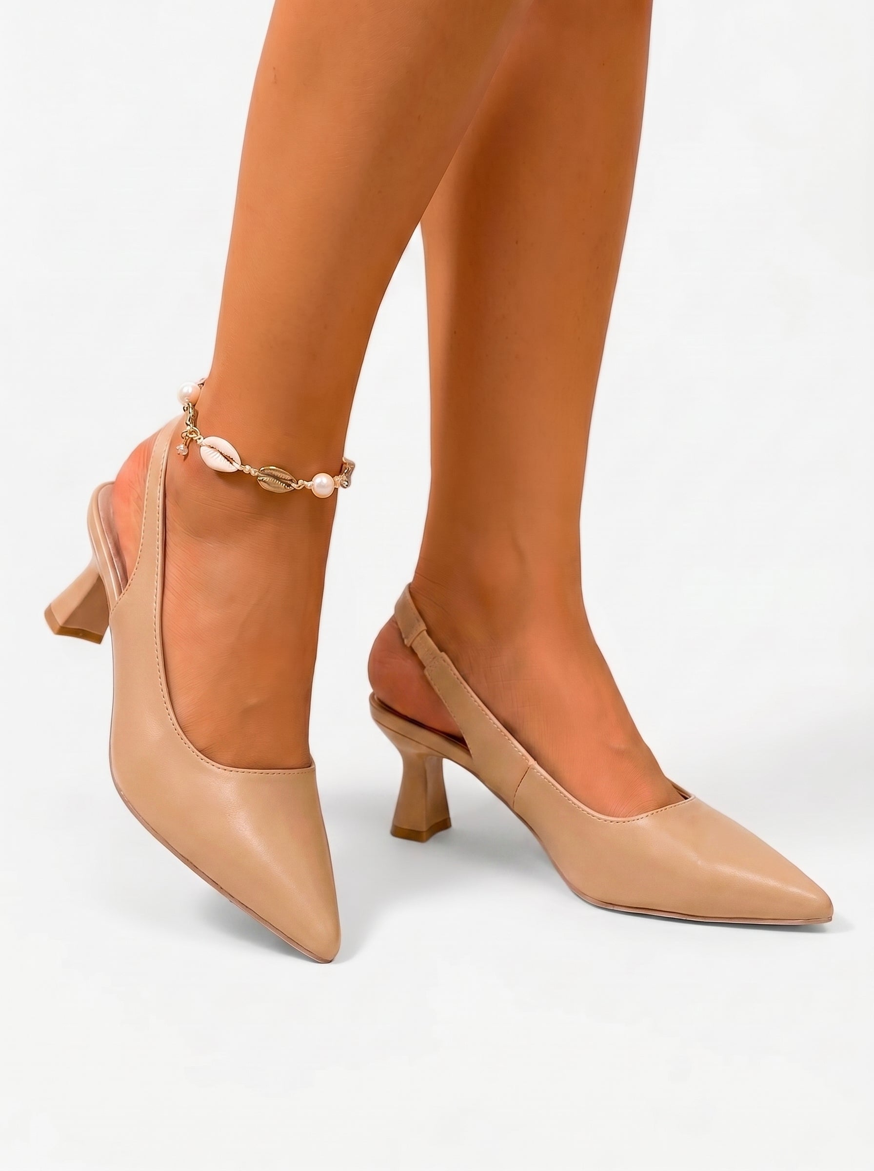 Gabriella | Classic Slingback Kitten Heels with Pointed Toe — Khaki_front