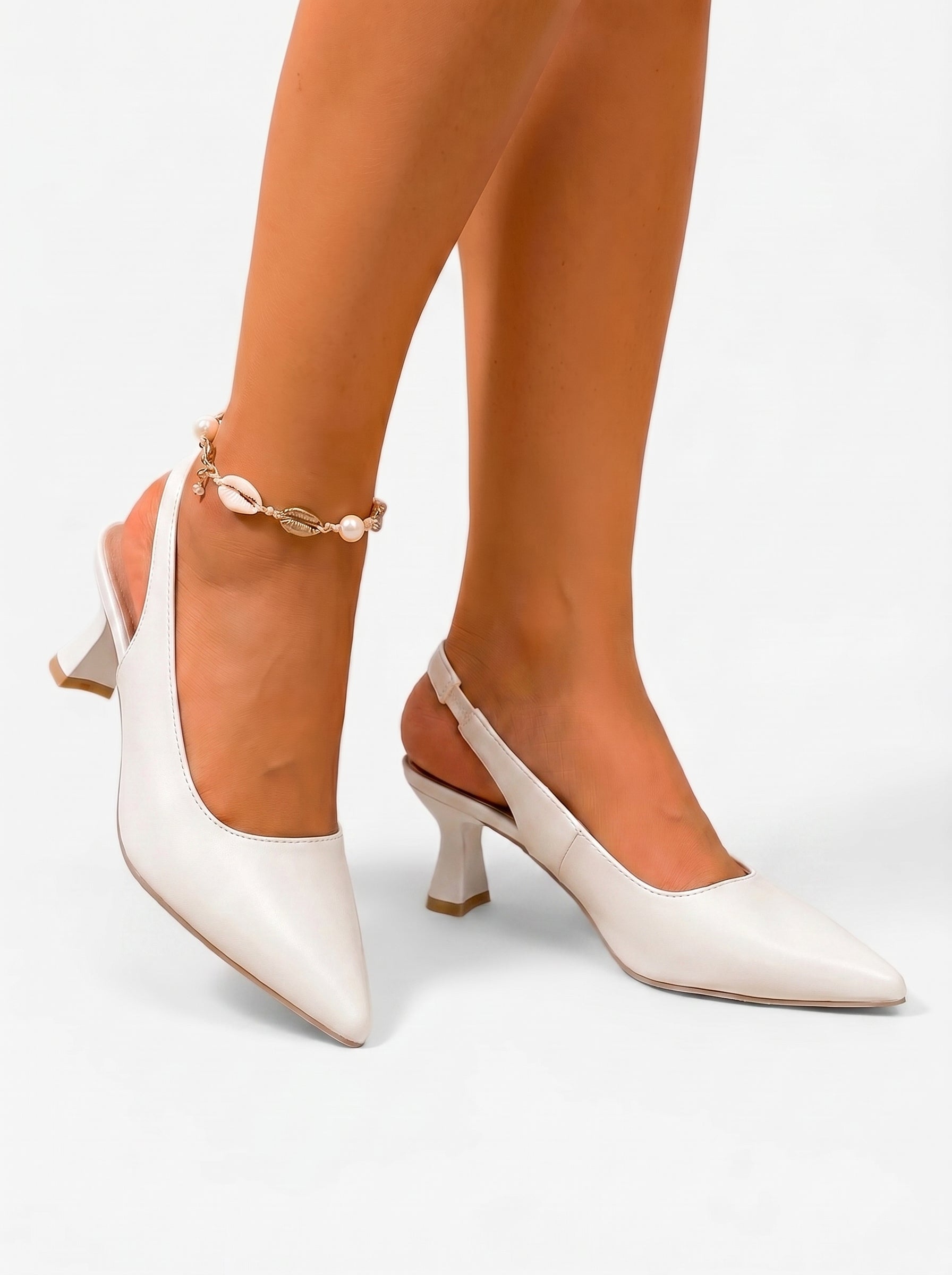 Gabriella | Classic Slingback Kitten Heels with Pointed Toe — White_front