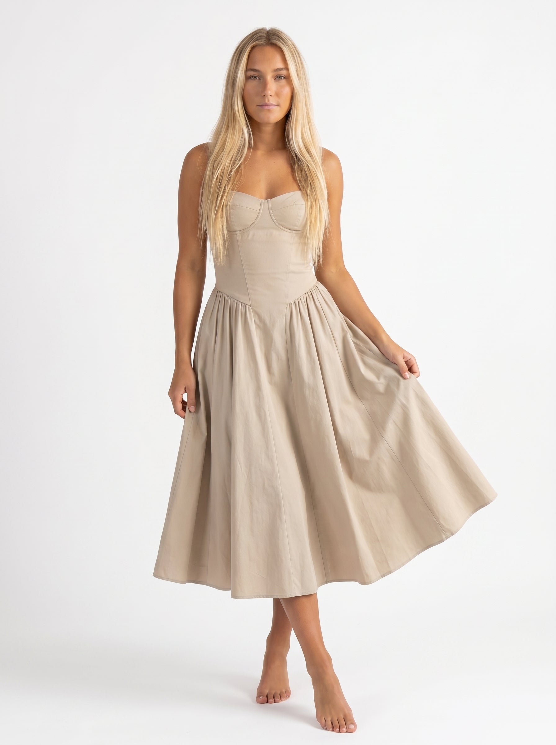 Iris | Corset A Line Midi Dress with Spaghetti Straps — Beige_front
