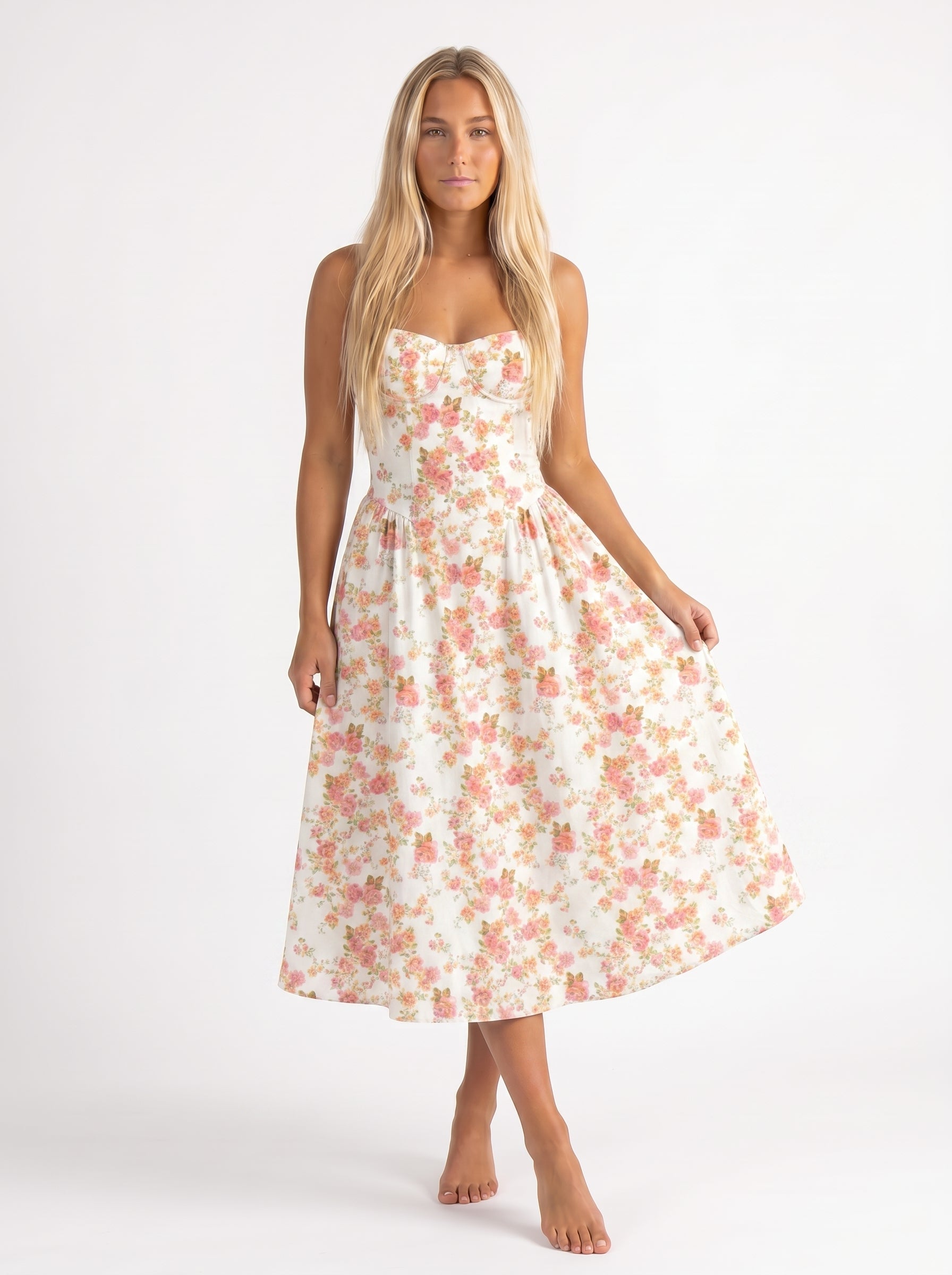 Iris | Corset A Line Midi Dress with Spaghetti Straps — Pink_front