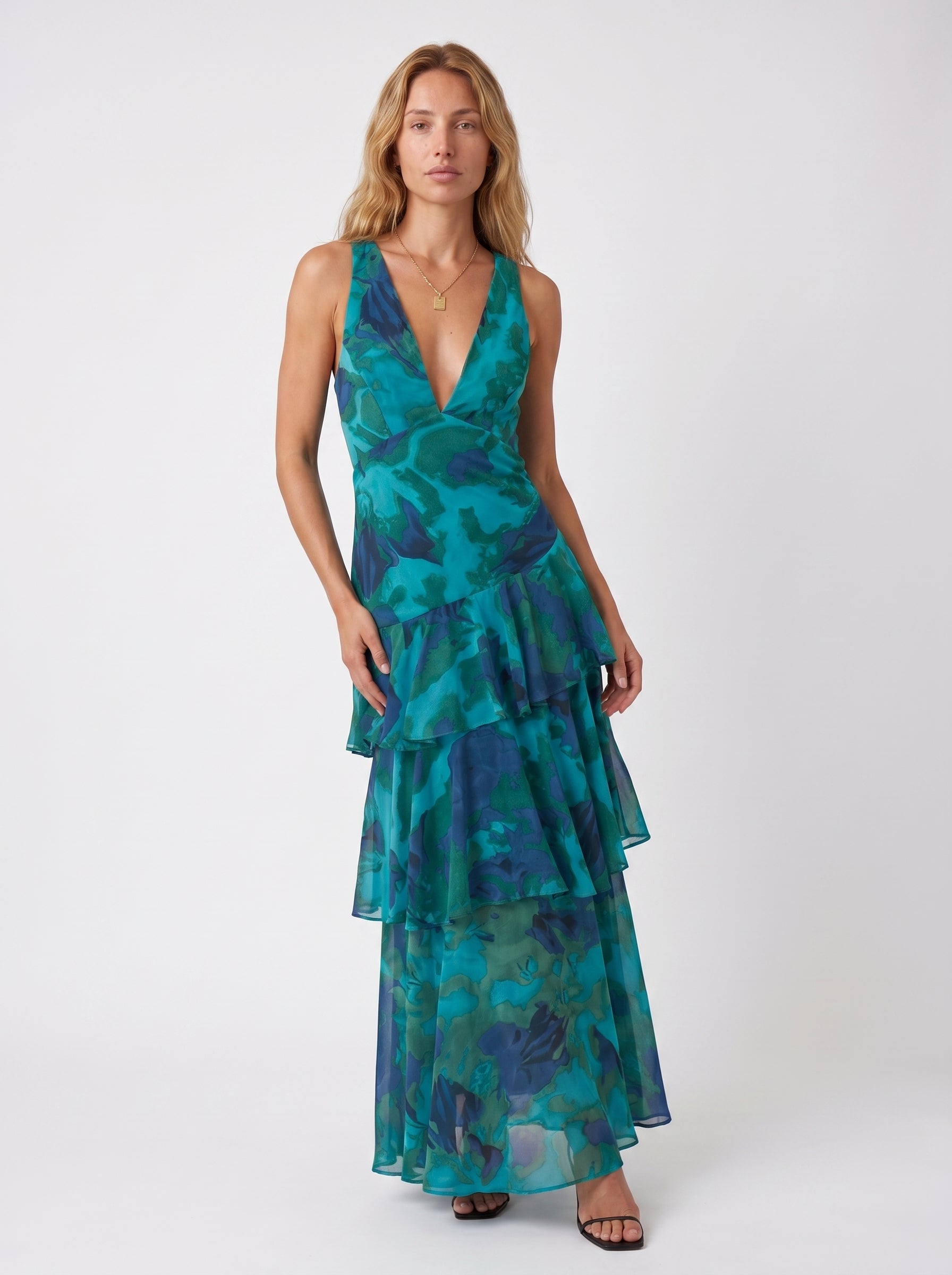 Iris | Elegant Flowy Tiered Maxi Dress with V Neckline — Green_front