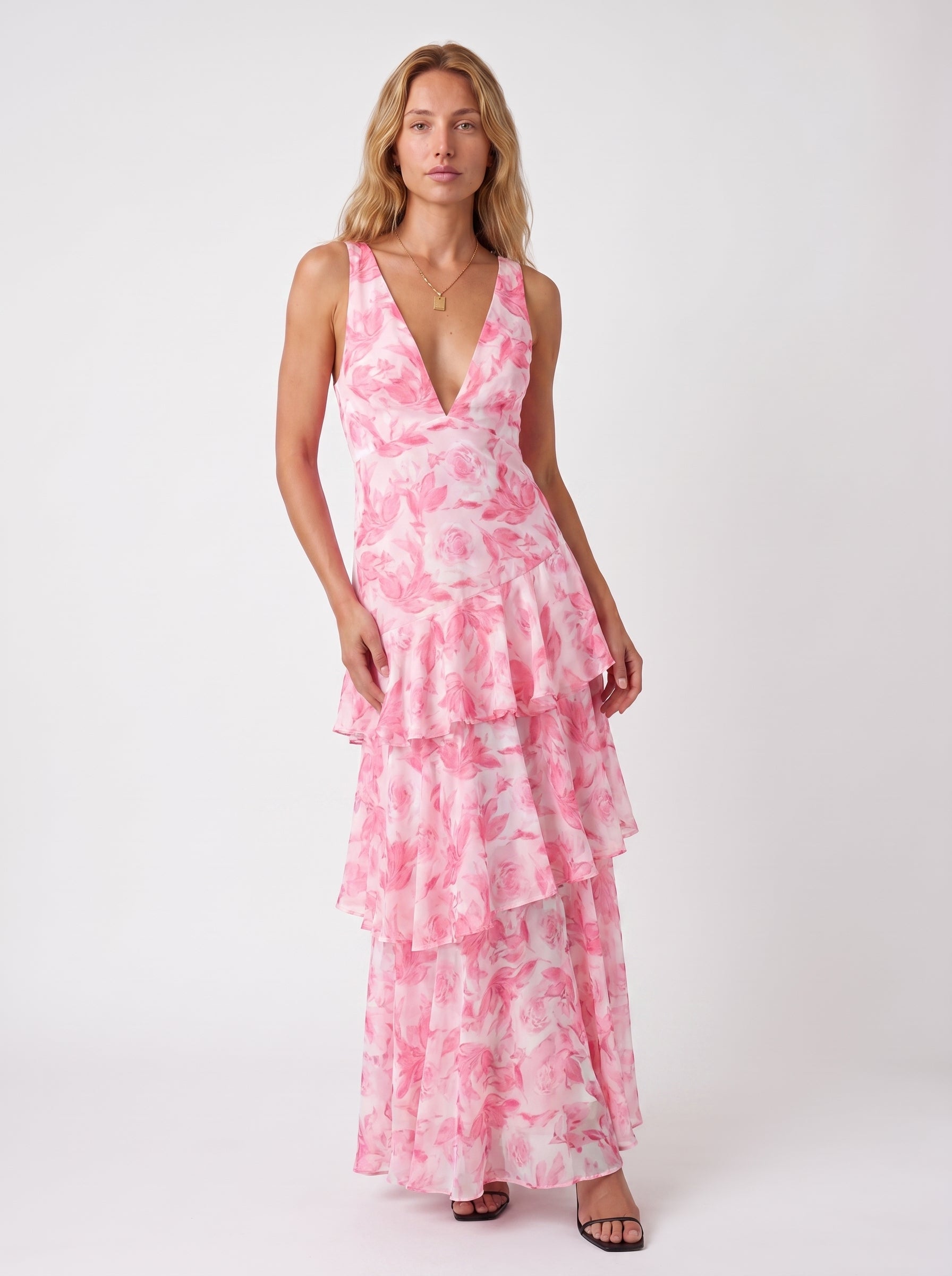 Iris | Elegant Flowy Tiered Maxi Dress with V Neckline — Pink_front