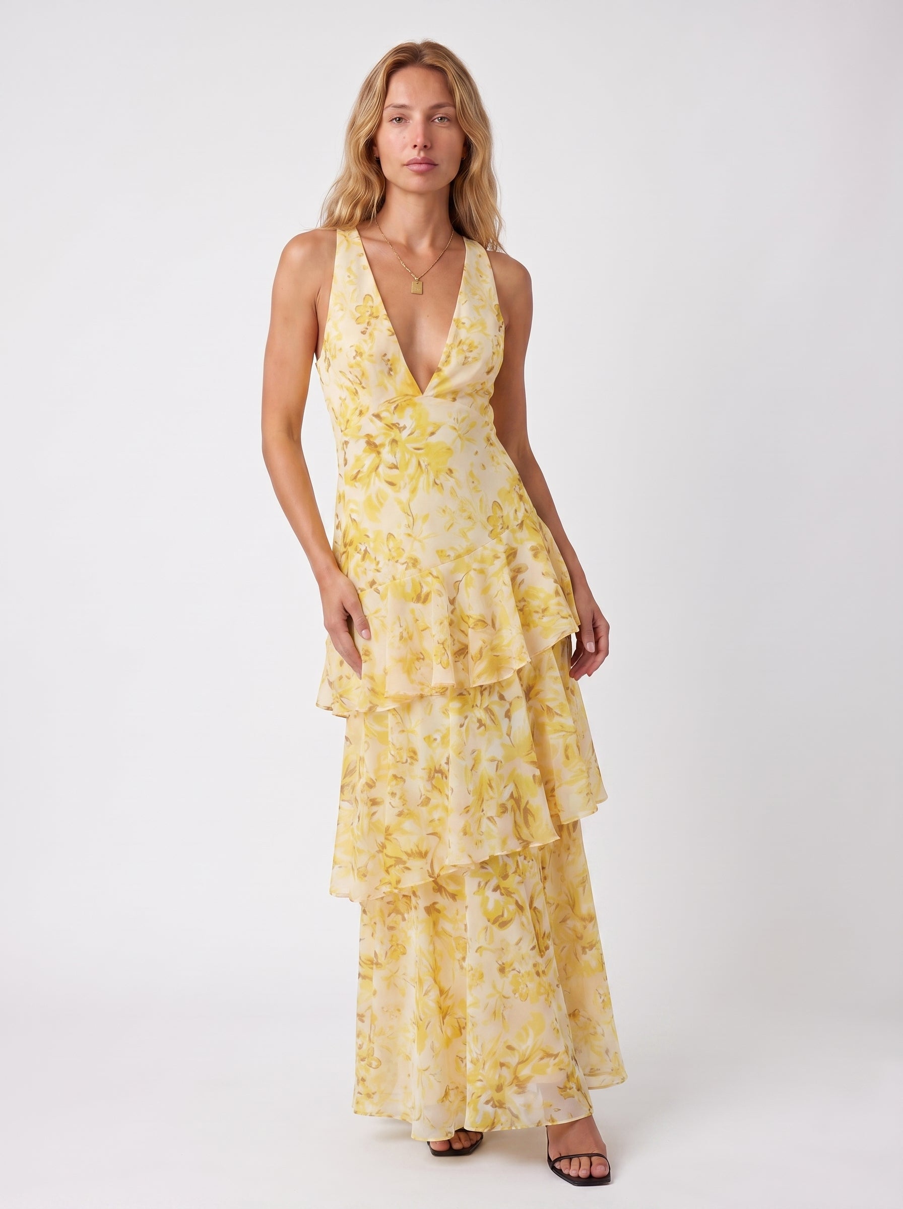 Iris | Elegant Flowy Tiered Maxi Dress with V Neckline — Yellow_front