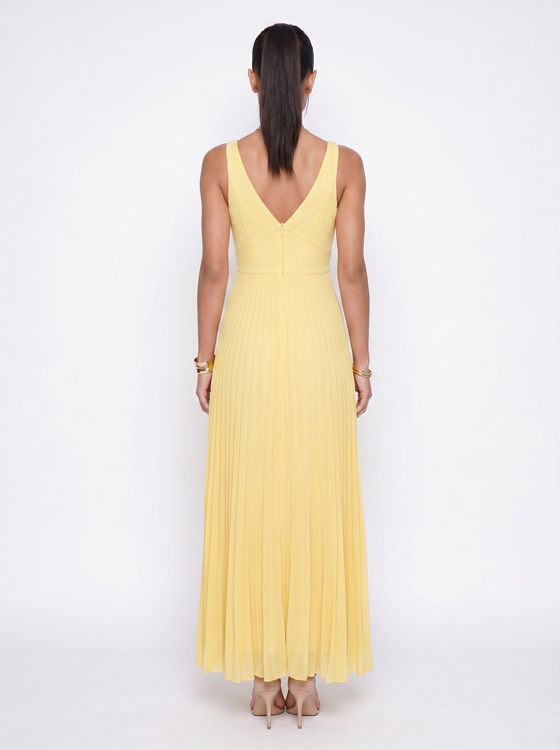 Juliette | Elegant Flowy Pleated Maxi Dress with V Neckline — back