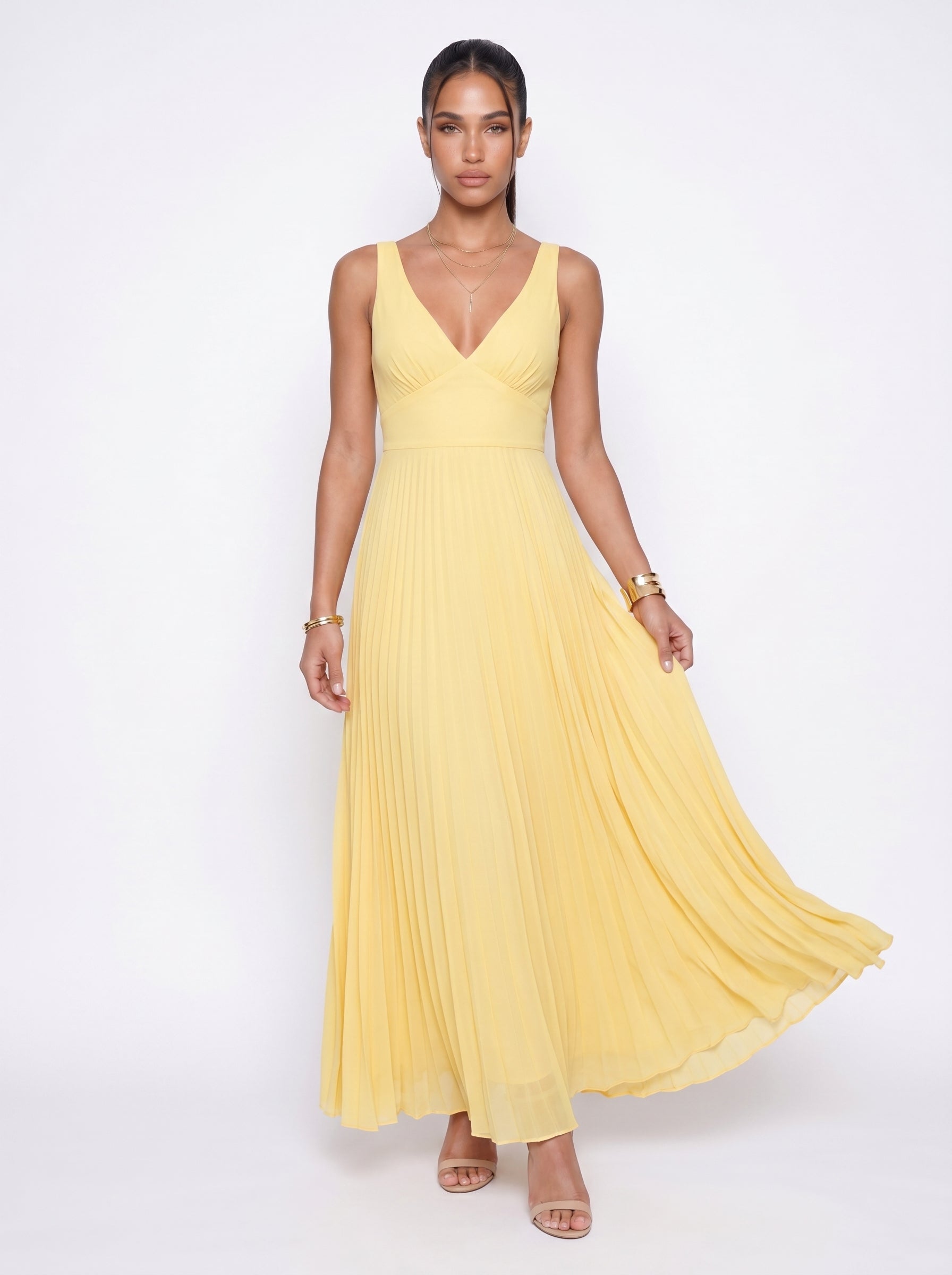 Juliette | Elegant Flowy Pleated Maxi Dress with V Neckline — front
