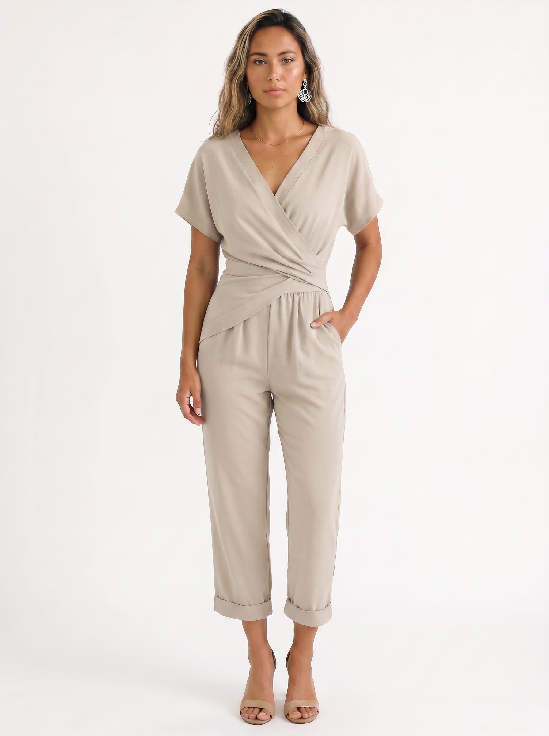 Margaux | Chic Wrap Front Jumpsuit with Cropped Length — Beige_front