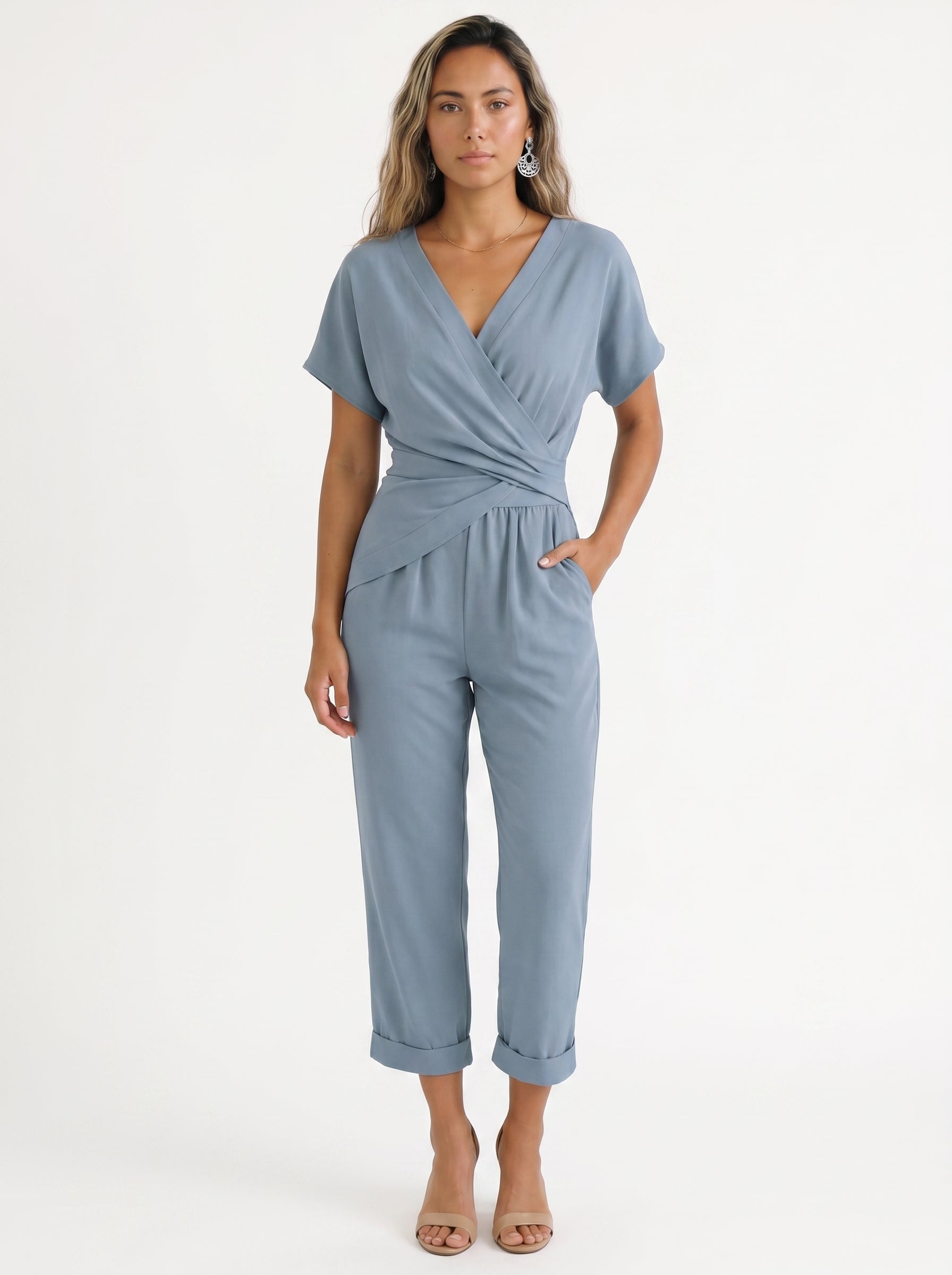 Margaux | Chic Wrap Front Jumpsuit with Cropped Length — Blue_front