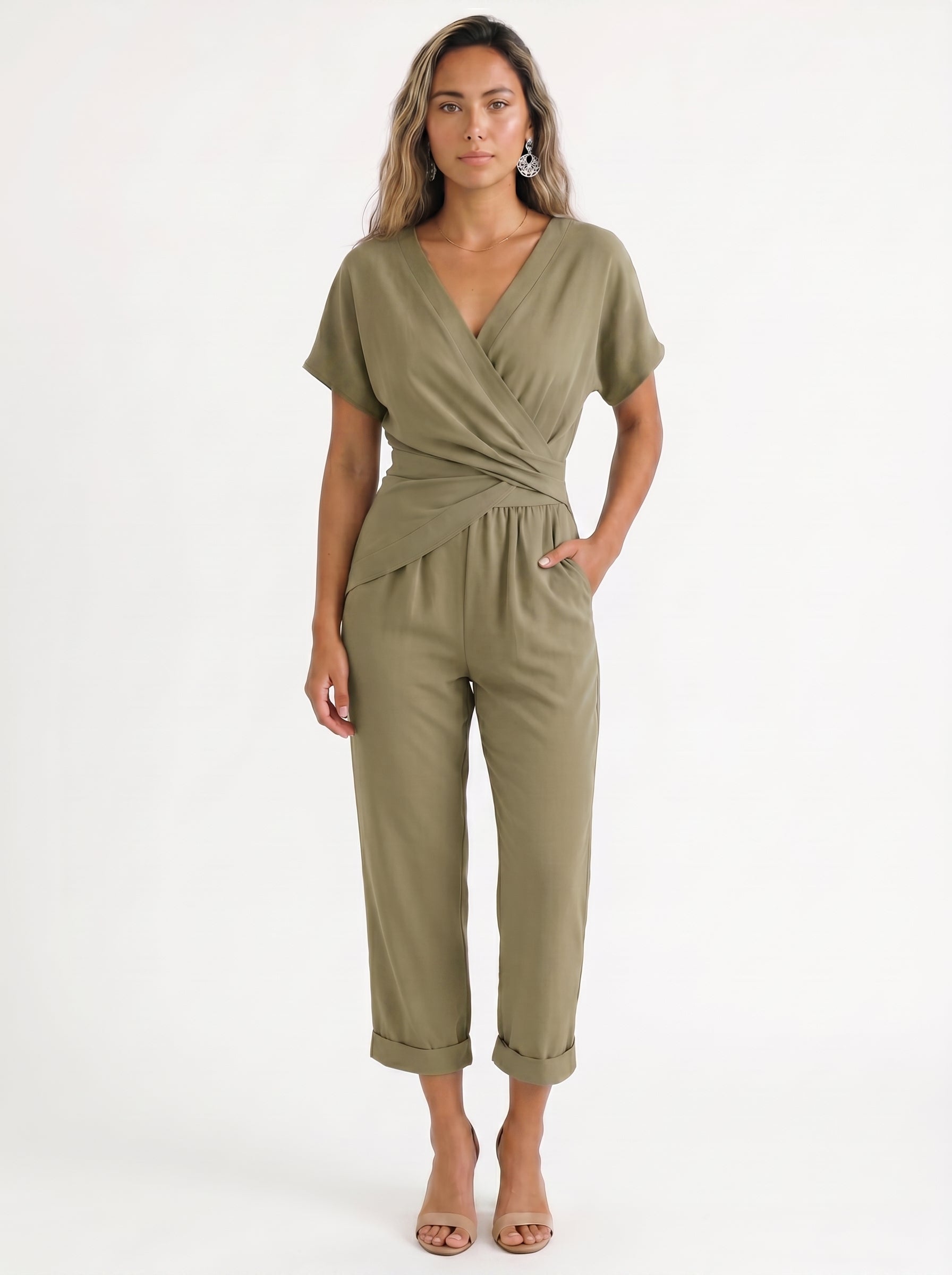 Margaux | Chic Wrap Front Jumpsuit with Cropped Length — Green_front