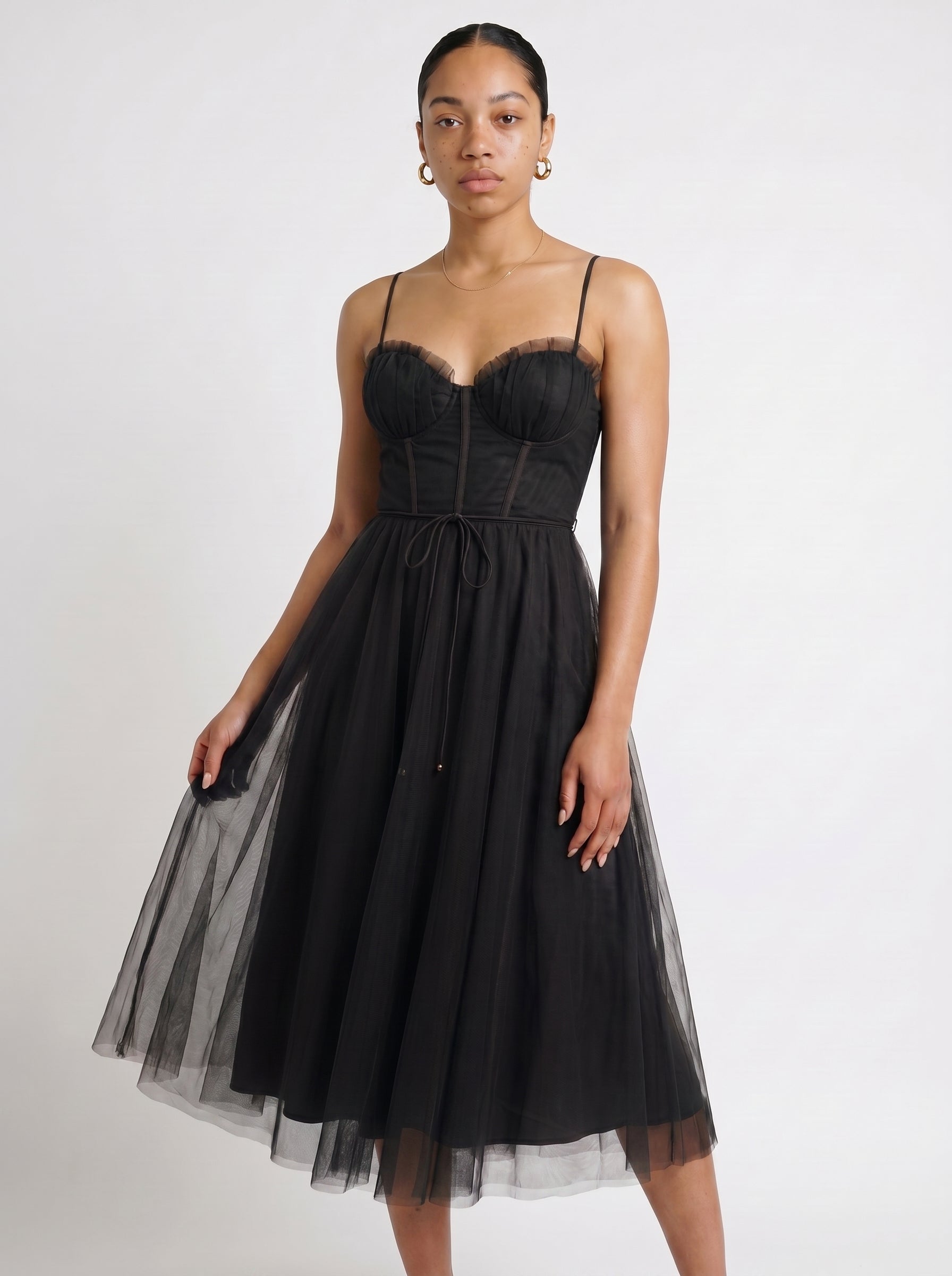 Mia | Elegant Flowy Corset A Line Midi Dress — Black_front