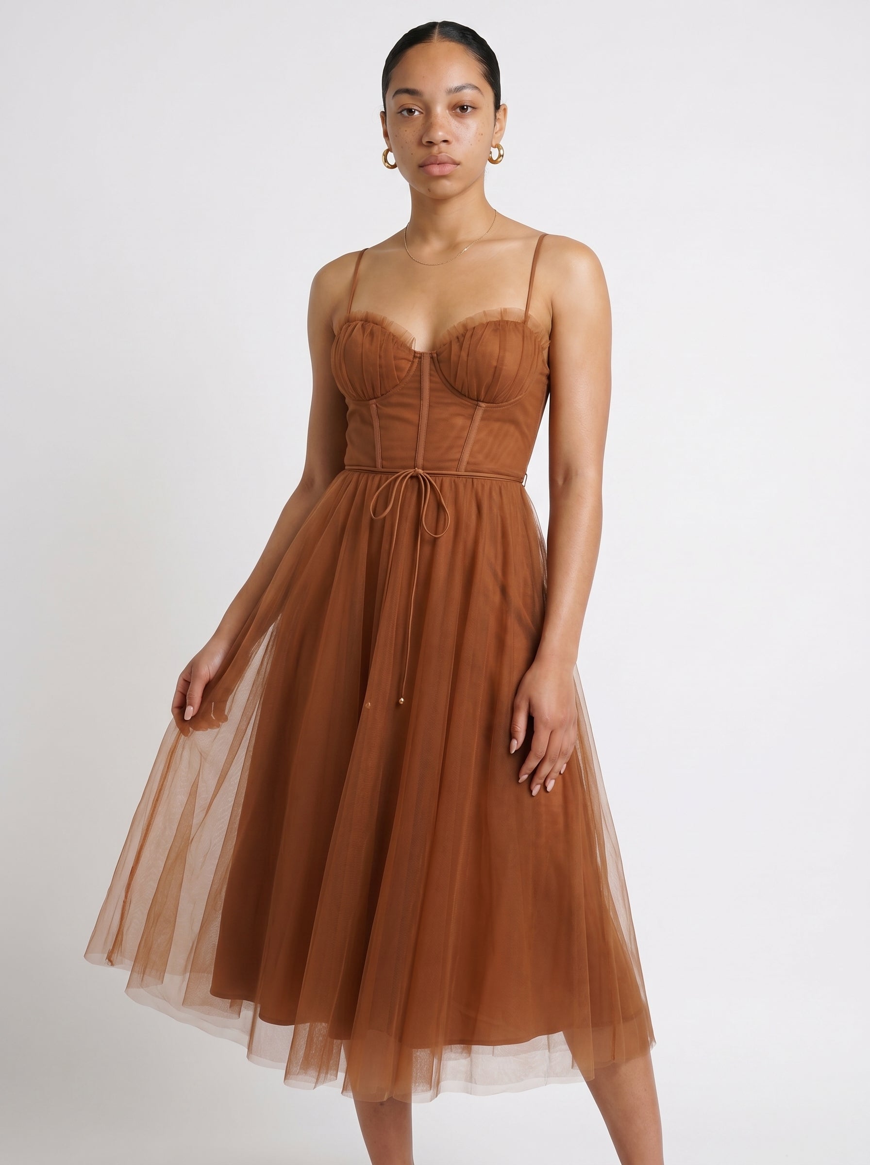 Mia | Elegant Flowy Corset A Line Midi Dress — Brown_front