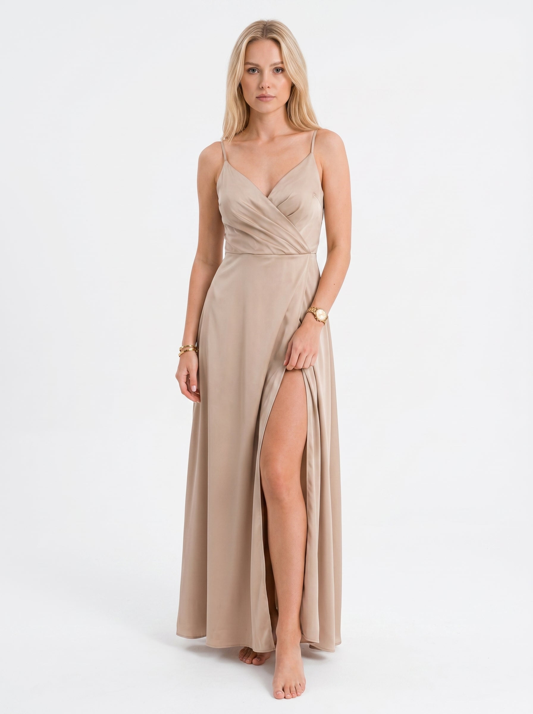 Noelle | Elegant Flowy Wrap Maxi Dress with High Slit — Beige_front