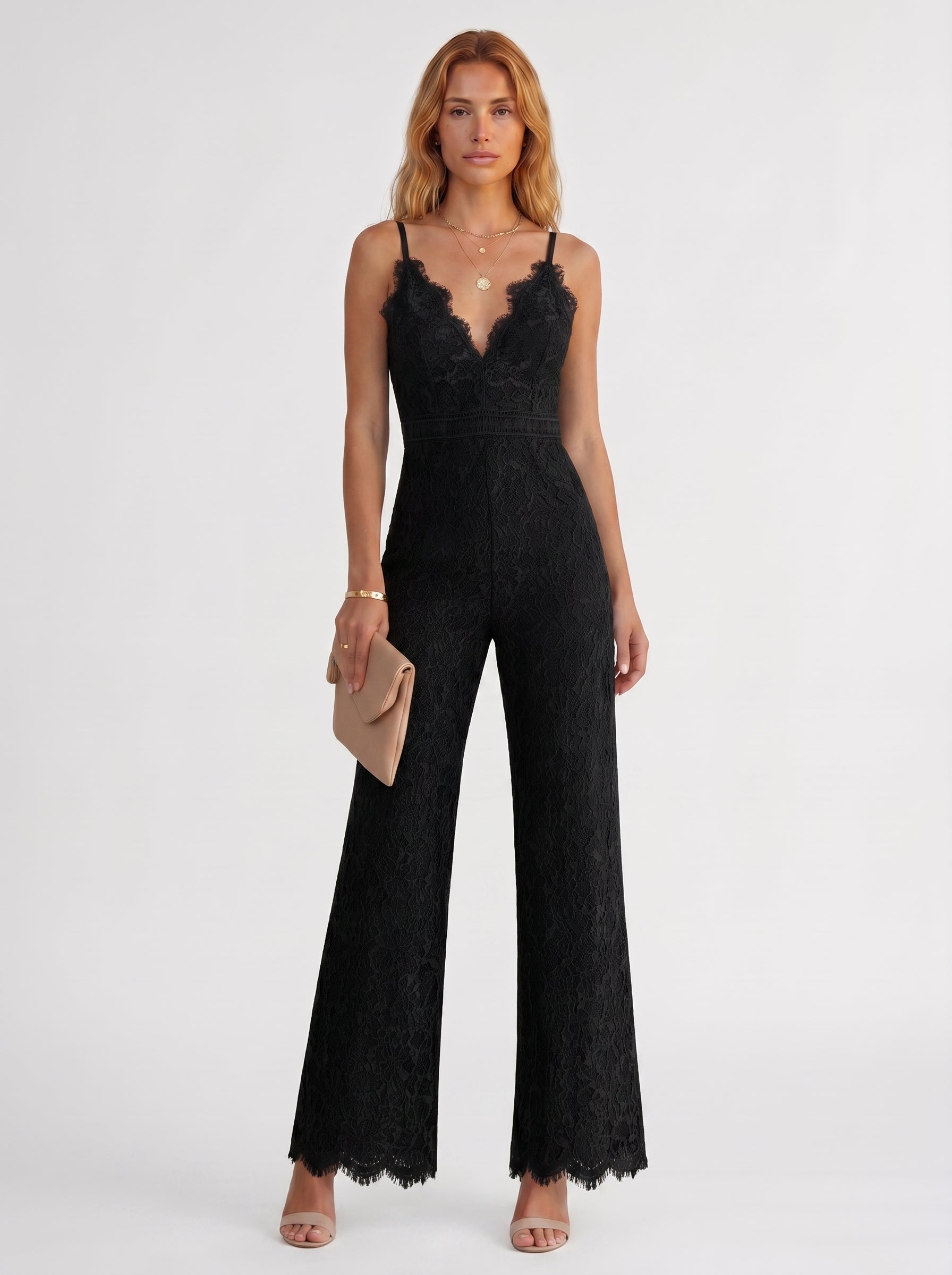 Seraphina | Elegant Lace Jumpsuit with V Neckline — Black_front