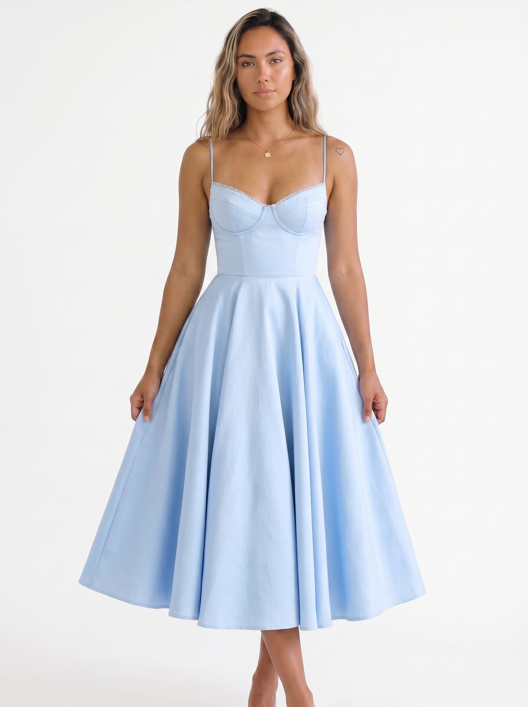 Sofia | Elegant Corset A Line Midi Dress with Sweetheart Neckline — Blue_front