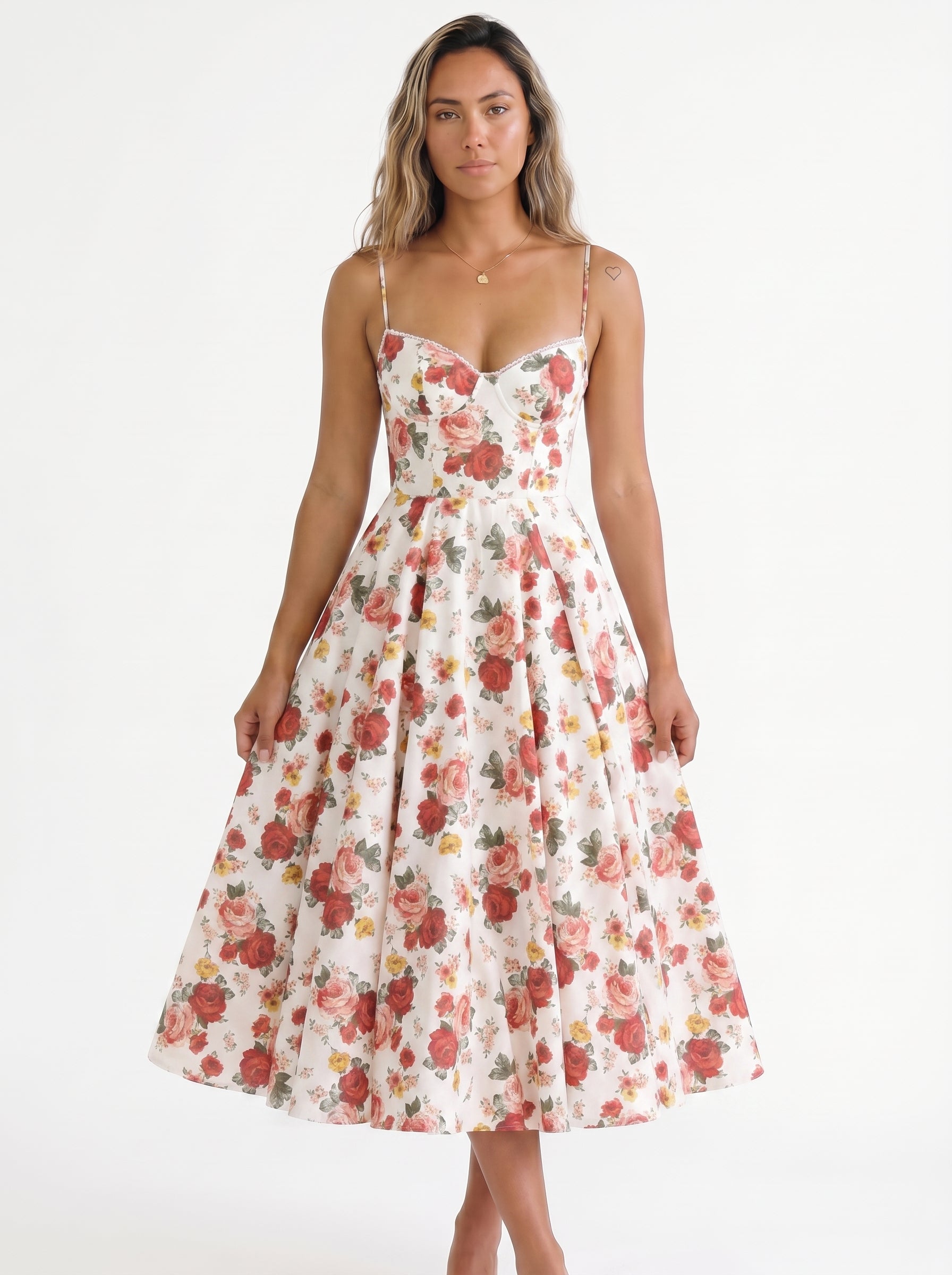 Sofia | Elegant Corset A Line Midi Dress with Sweetheart Neckline — Floral_front