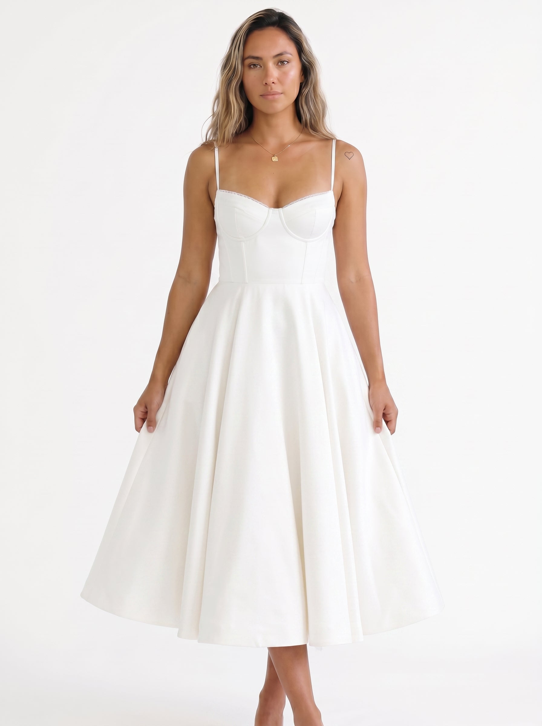 Sofia | Elegant Corset A Line Midi Dress with Sweetheart Neckline — White_front