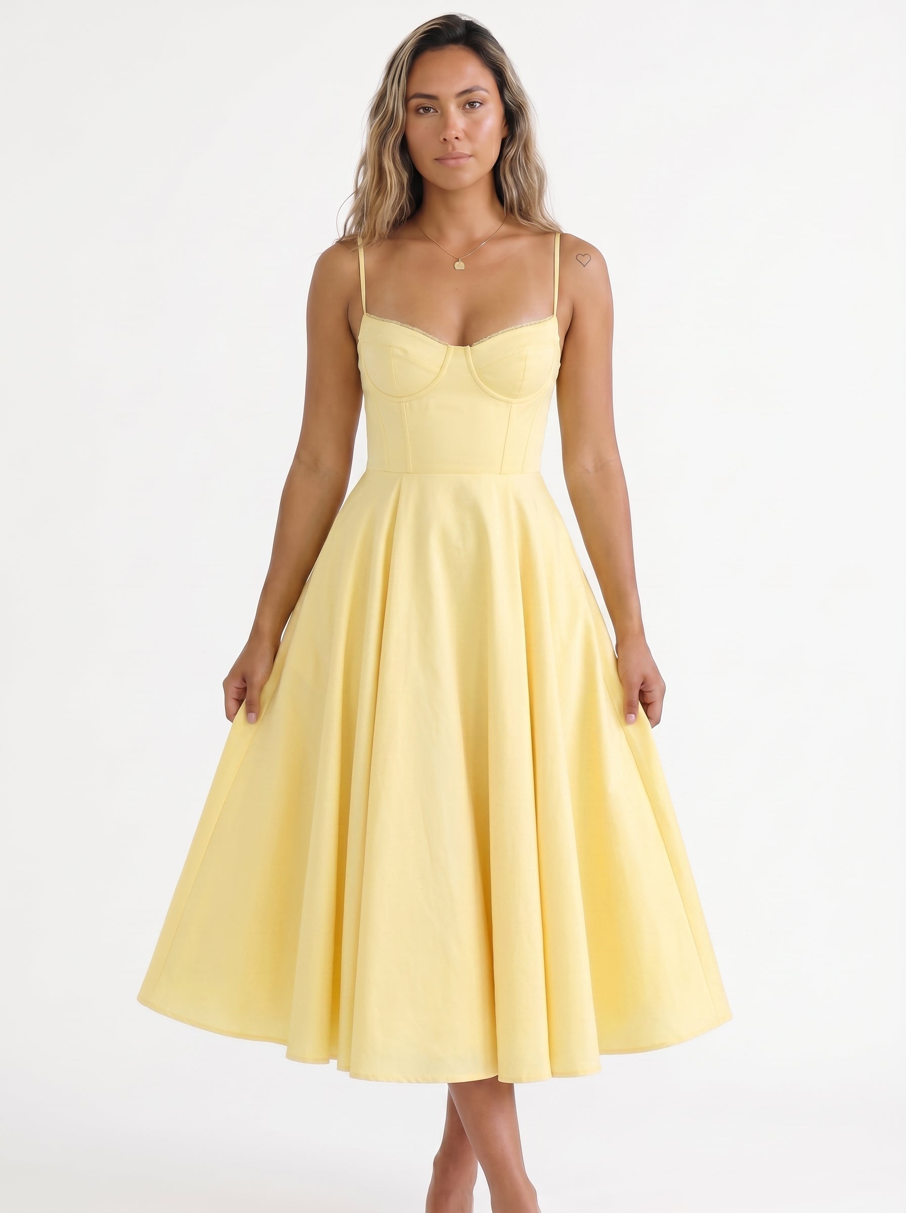 Sofia | Elegant Corset A Line Midi Dress with Sweetheart Neckline — Yellow_front