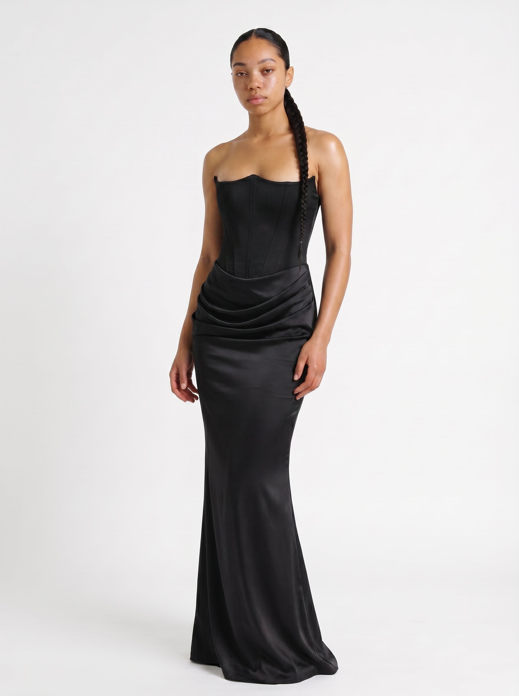 Sofia | Elegant Satin Corset Maxi Dress with Strapless Neckline — Black_front