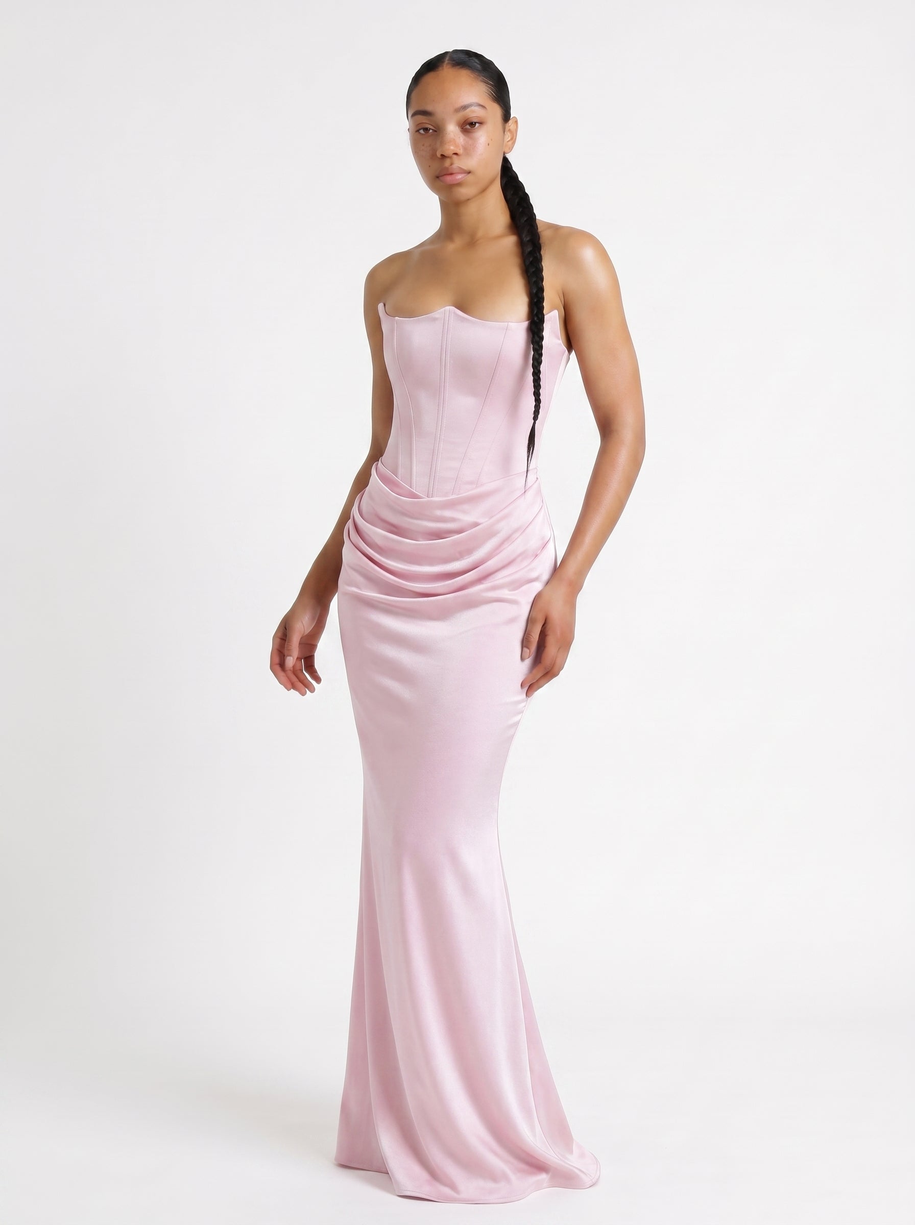 Sofia | Elegant Satin Corset Maxi Dress with Strapless Neckline — Pink_front