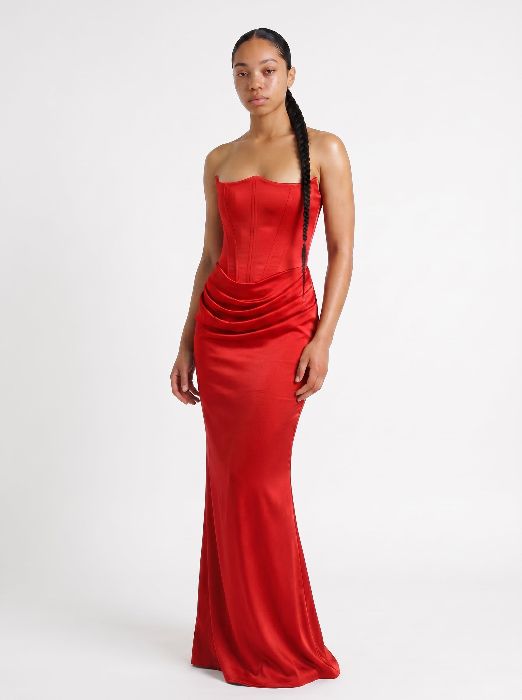 Sofia | Elegant Satin Corset Maxi Dress with Strapless Neckline — Red_front
